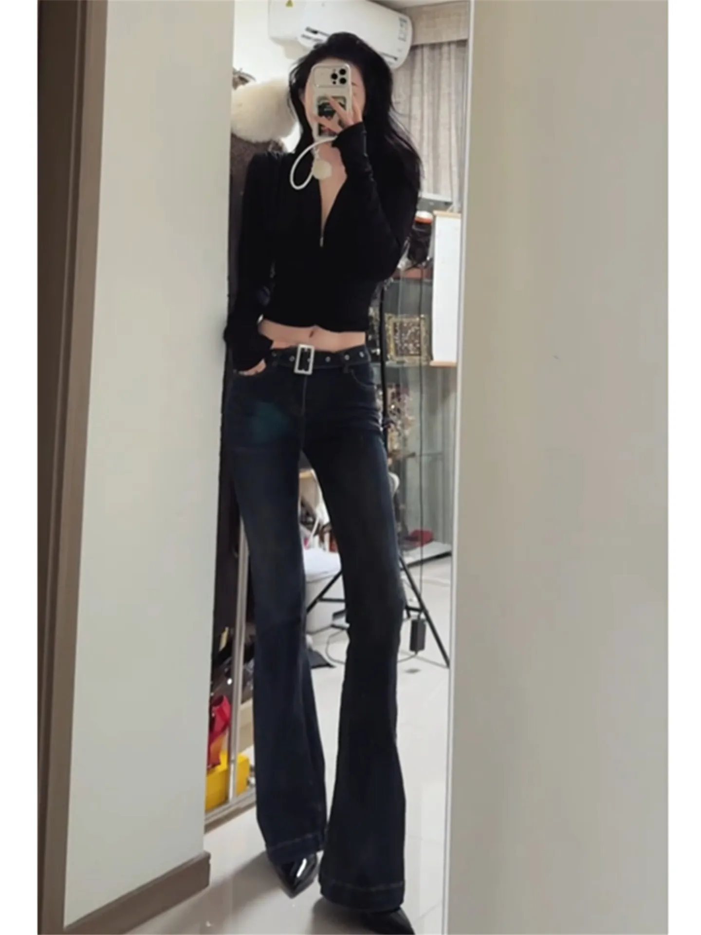 

Extended Length Bootcut Jeans Women's Slimming Washed Low Waist Spring Fashion High Waist Cotton Stretchy Blue Denim Pants