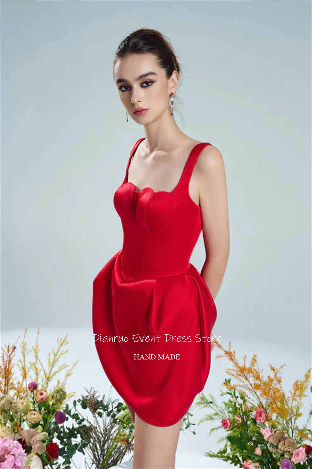 Dianruo レッドハート型ウエディングドレスミニスパゲッティストラップカクテルドレスノースリーブ恋人ホームカミングドレスカスタマイズ
