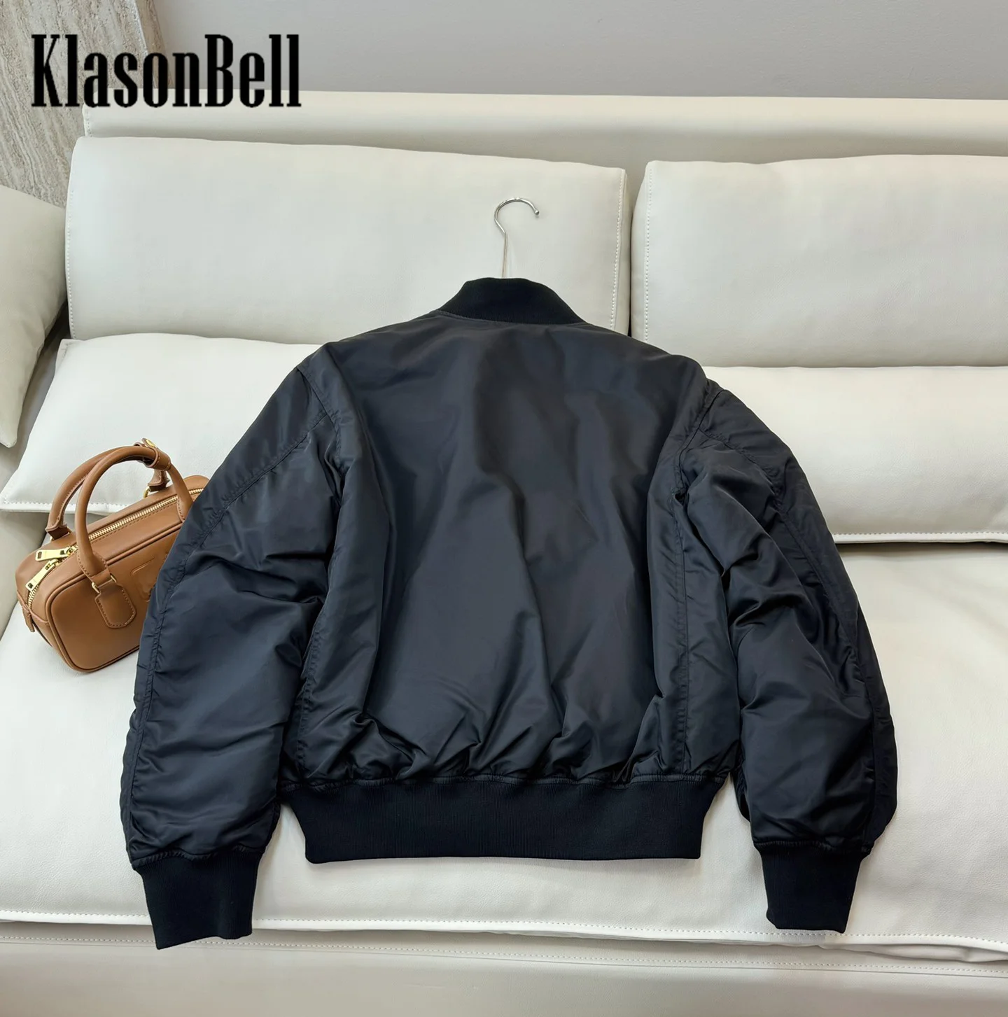 9.5 KlasonBell Women 2024 Autumn Winter New Embroidery Letter Down Jacket Ribbed Stand Collar Spliced Short Zipper Outerwear