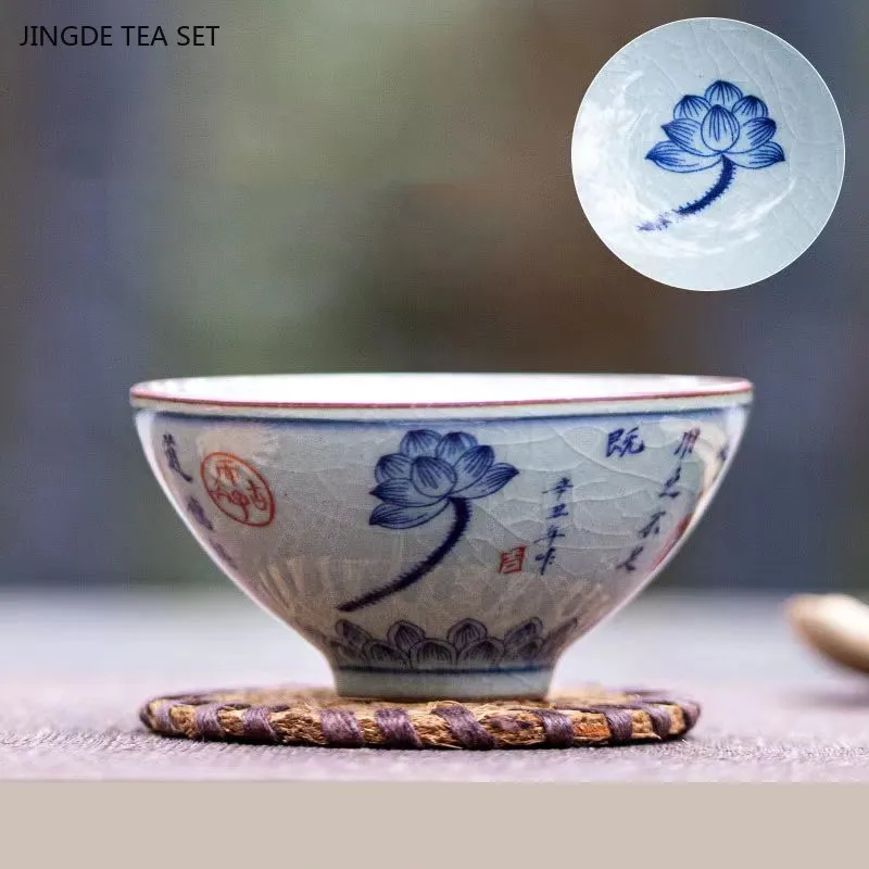 Hand-painted Lotus Ceramic Teacup Exquisite Ice Crack Glaze Blue and White Porcelain Master Cup Custom Beauty Tea Accessories