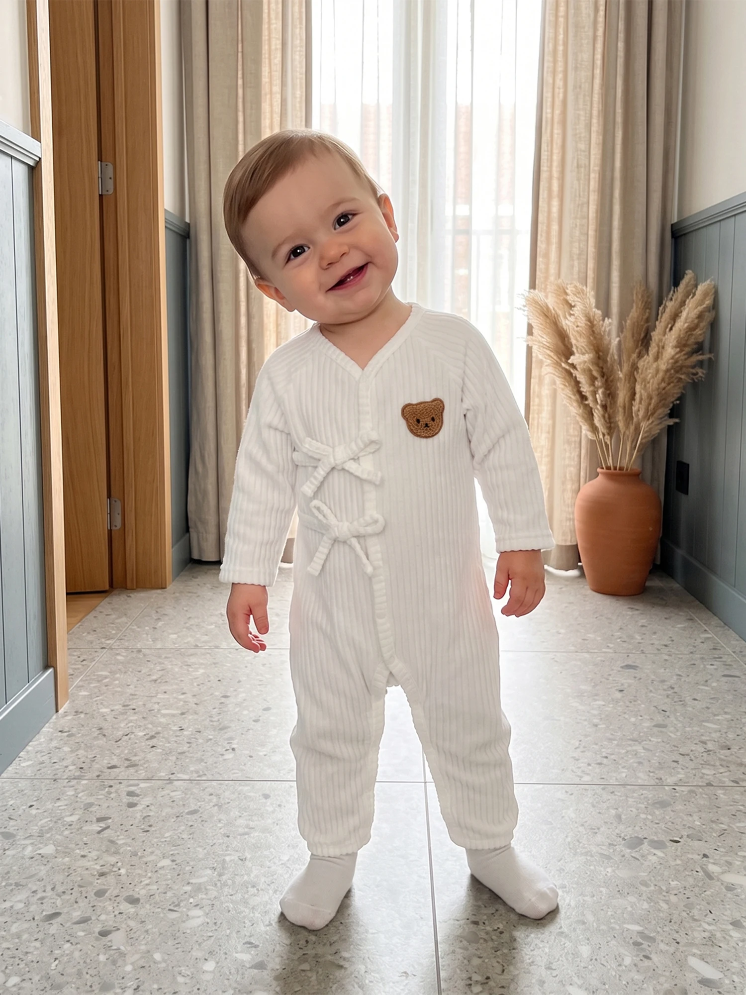 Ribbed Front Bow Neck Long Sleeve Bow Tie V Romper Neck Long Bow Front Bow Fall Durable Baby Fall Romper