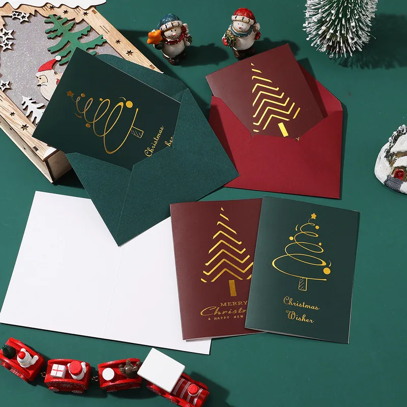 5pcs Red Green Christmas Party Creative Retro Warm Christmas Card Set Gratitude Hot Stamped Blank Blessing Card