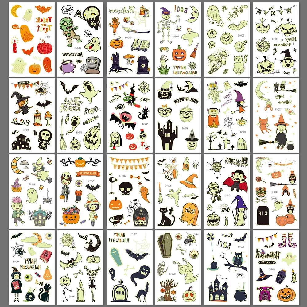 24 Blatt Leuchtende Halloween-Tattoos, Glow-in-the-Dark-Motive mit Kürbissen, Geistern und Spinnen, Halloween-Party-Zubehör – Detail 4