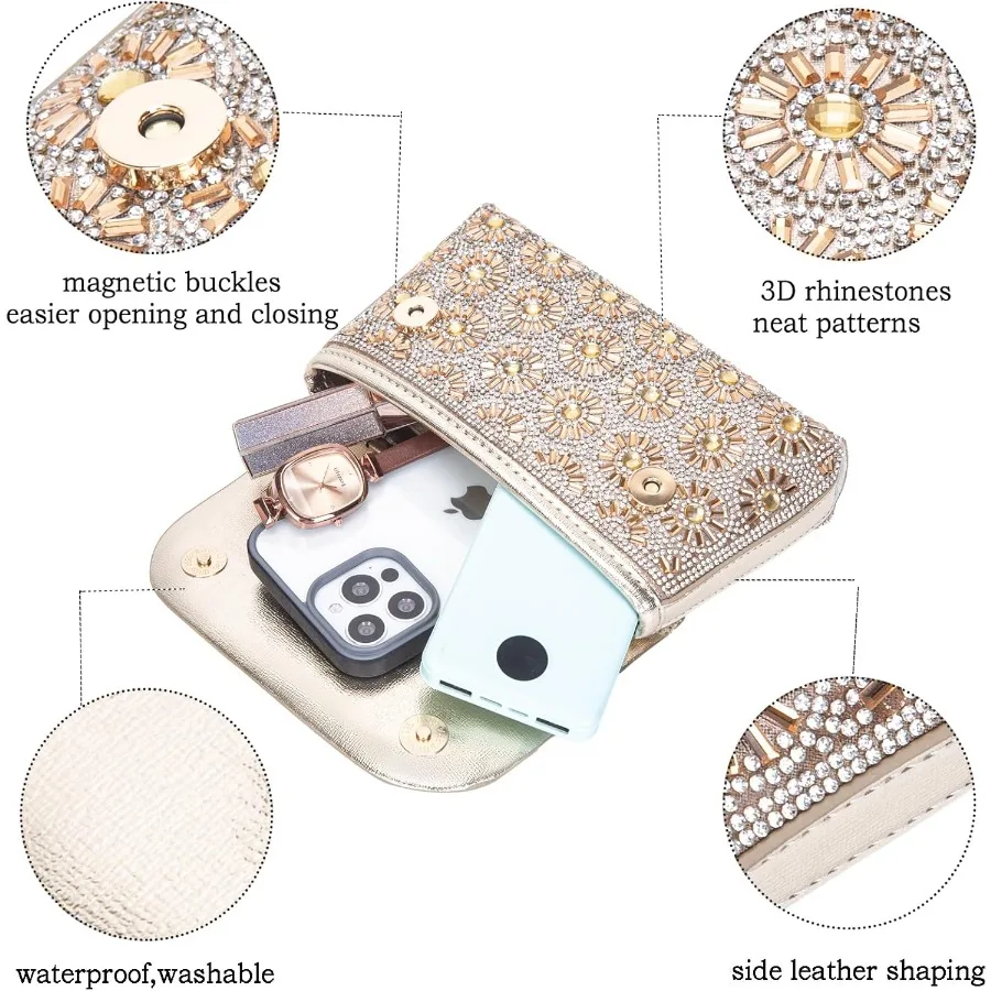 エレガントなクリスタルラインストーンのイブニングショルダーバッグ、調節可能なチェーンストラップ付きの女性用クロスボディバッグ、スタイリッシュなハンドバッグ、完璧なf