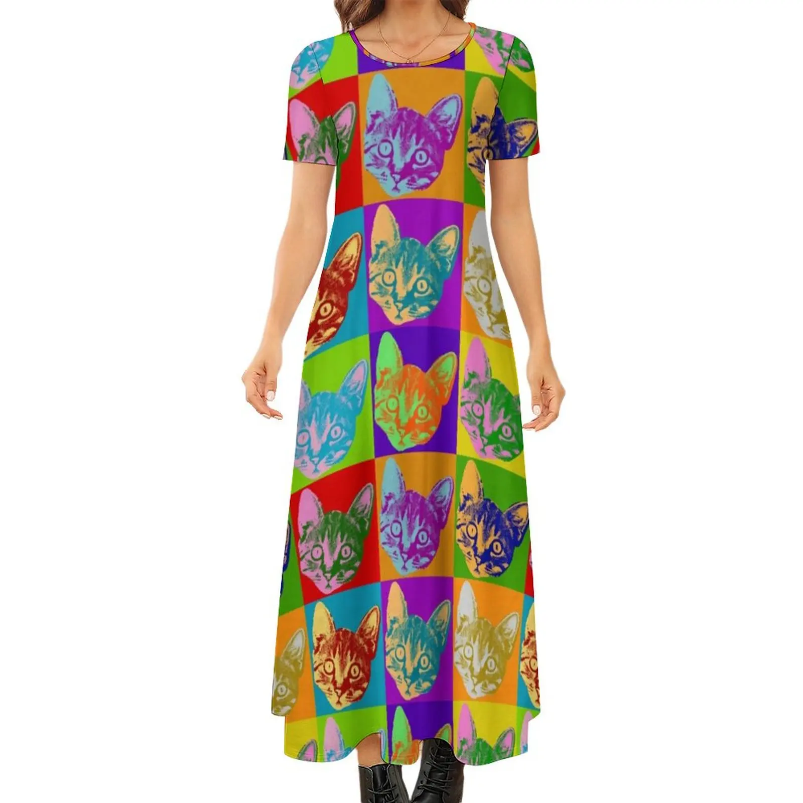 

Cat Pop Art Dress Inspired Graphic Cat Elegant Maxi Dress Street Fashion Bohemia Long Dresses Lady Short Sleeve Oversize Vestido
