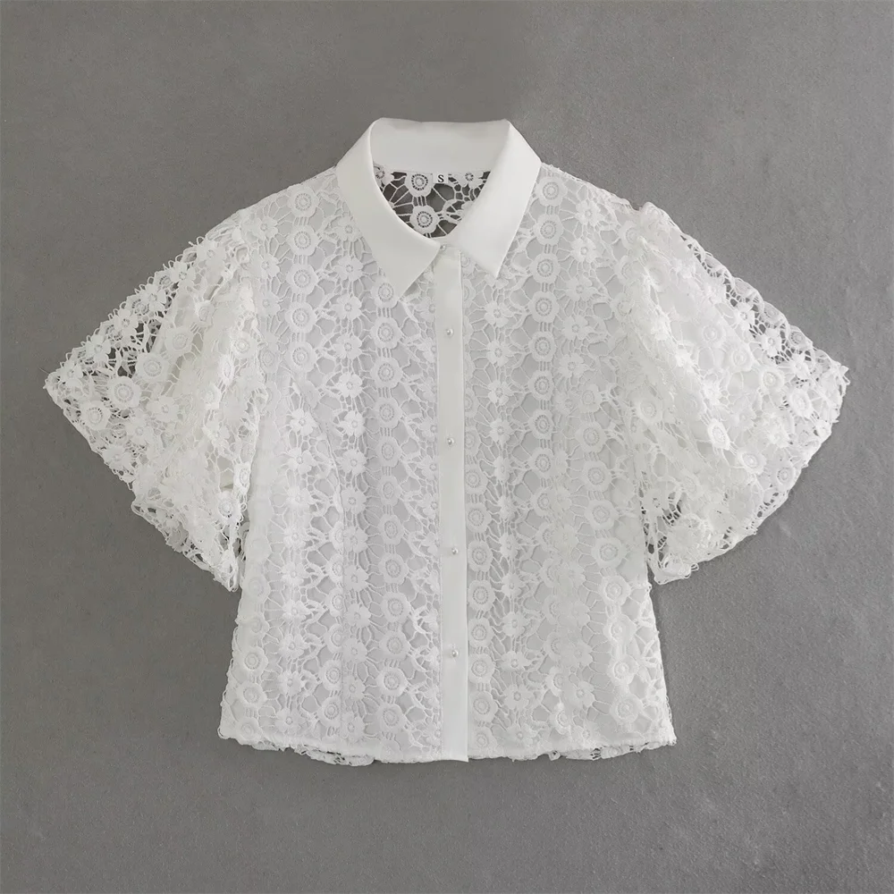 PB&ZA 2024 Spring New Women\'s Fashion and Elegance Casual Versatile Lace Lace Bubble Sleeve Shirt