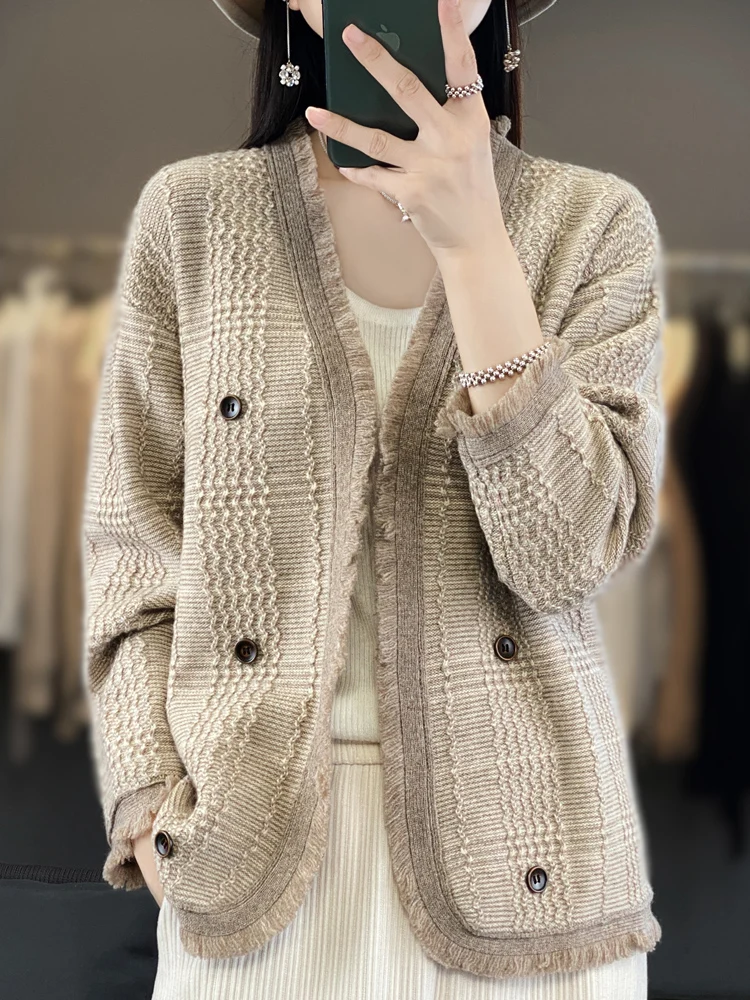 European Cardigan for Women, 100 Pure Cashmere, Small Fragrance, Loose Sweater, High-End Thick Coat, Lazy Wind