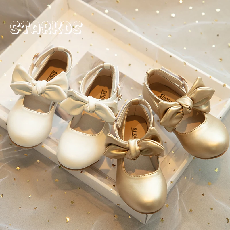 Kid Pump Shoes Girl Luxury Gold White Low Heel Dance Zapatos Child Fashion Bowknot Ankle Strap Mary Janes Wedding Party Footwear