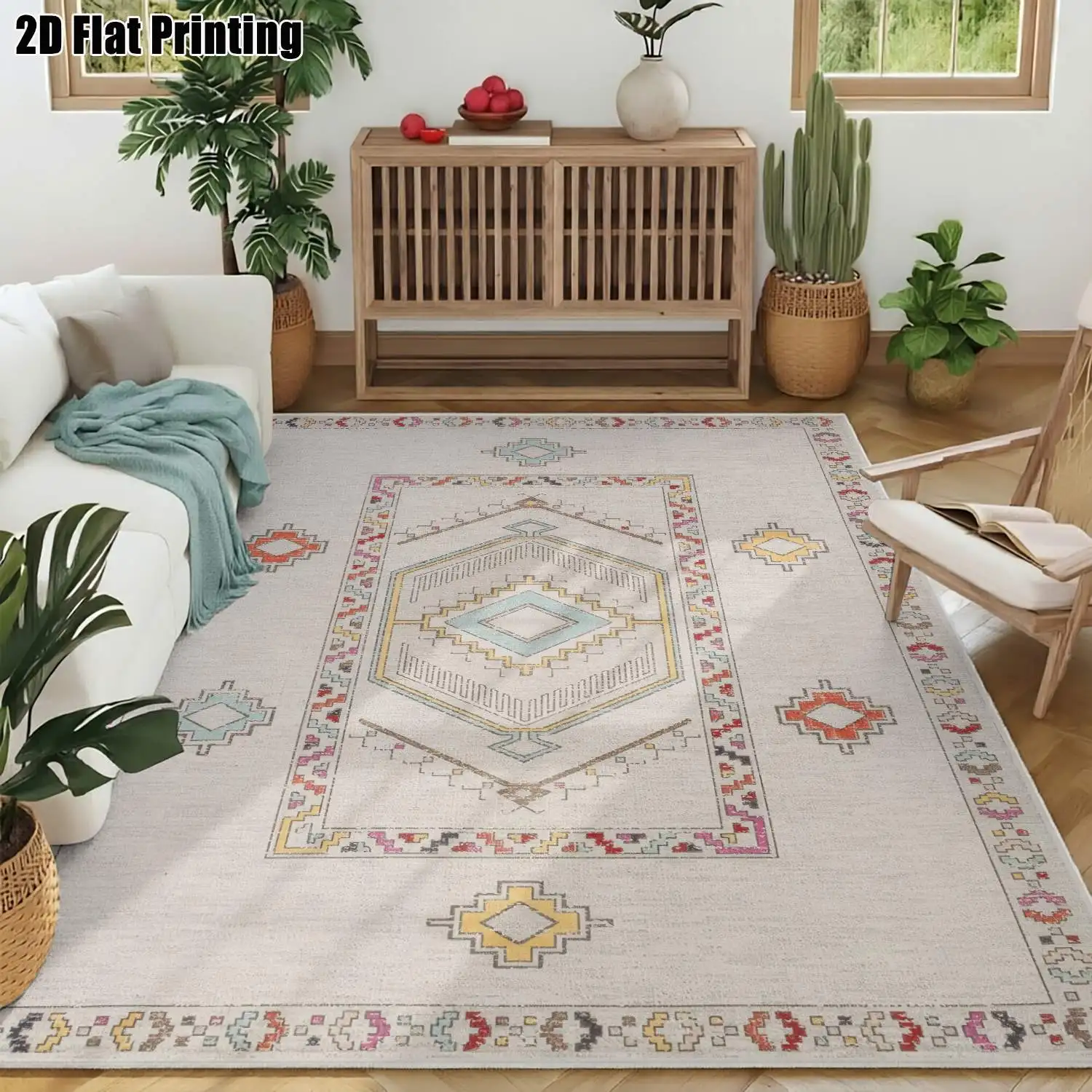 1Pc 2D Printed Velvet Retro Geometric Carpet, Multi-Size, Machine Washable, for Home Decor & Multi-Scene Use