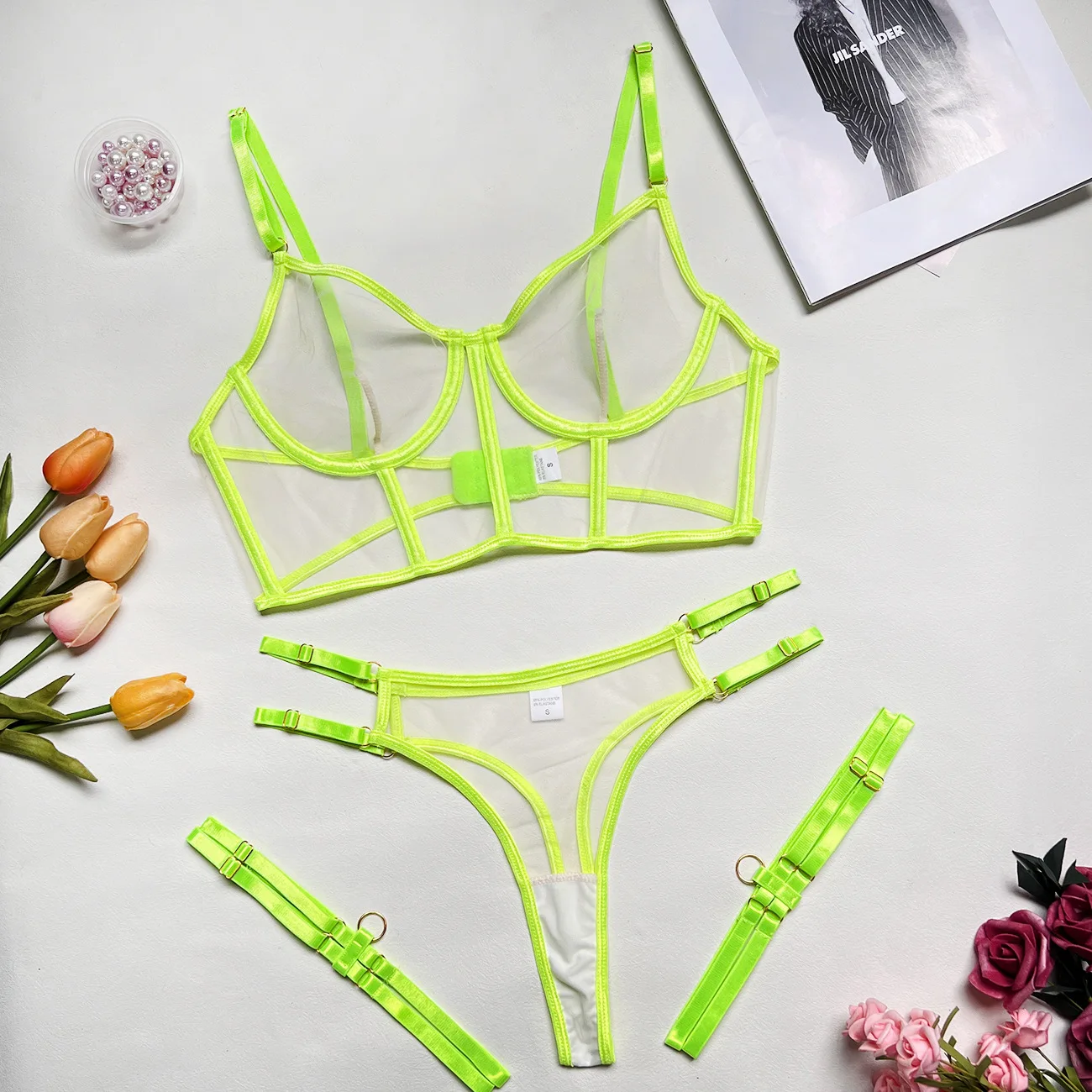 MIRABELLE Neon Sexy porn Underwear Women Body Female Lingerie Sexy Costume Transparent Bra Exotic Outfit 4-Piece Lace Intimate