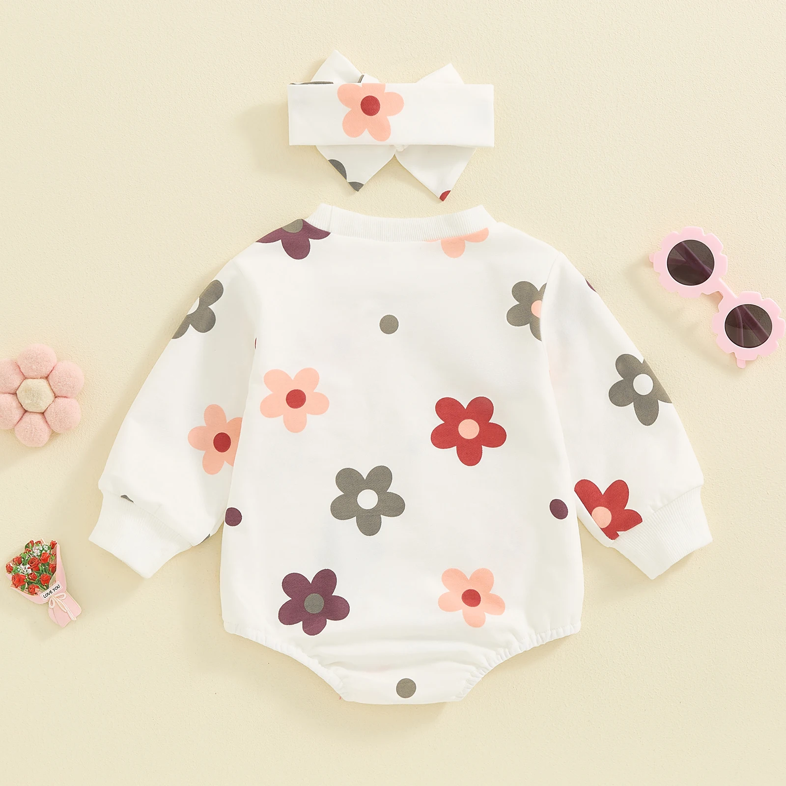 Baby Girl Sweety Sweatshirt Romper Floral Print Round Neck Long Sleeve Bodysuits Jumpsuit with Headband Outfits