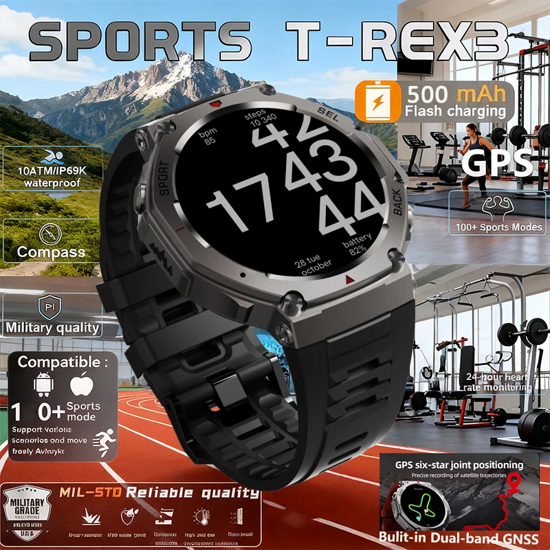 

Popular Men Outdoor T-Rex3 Military Built-in GPS SmartWatch Compass Altimeter HD Bluetooth Call 10ATM Waterproof 170 SportWatc