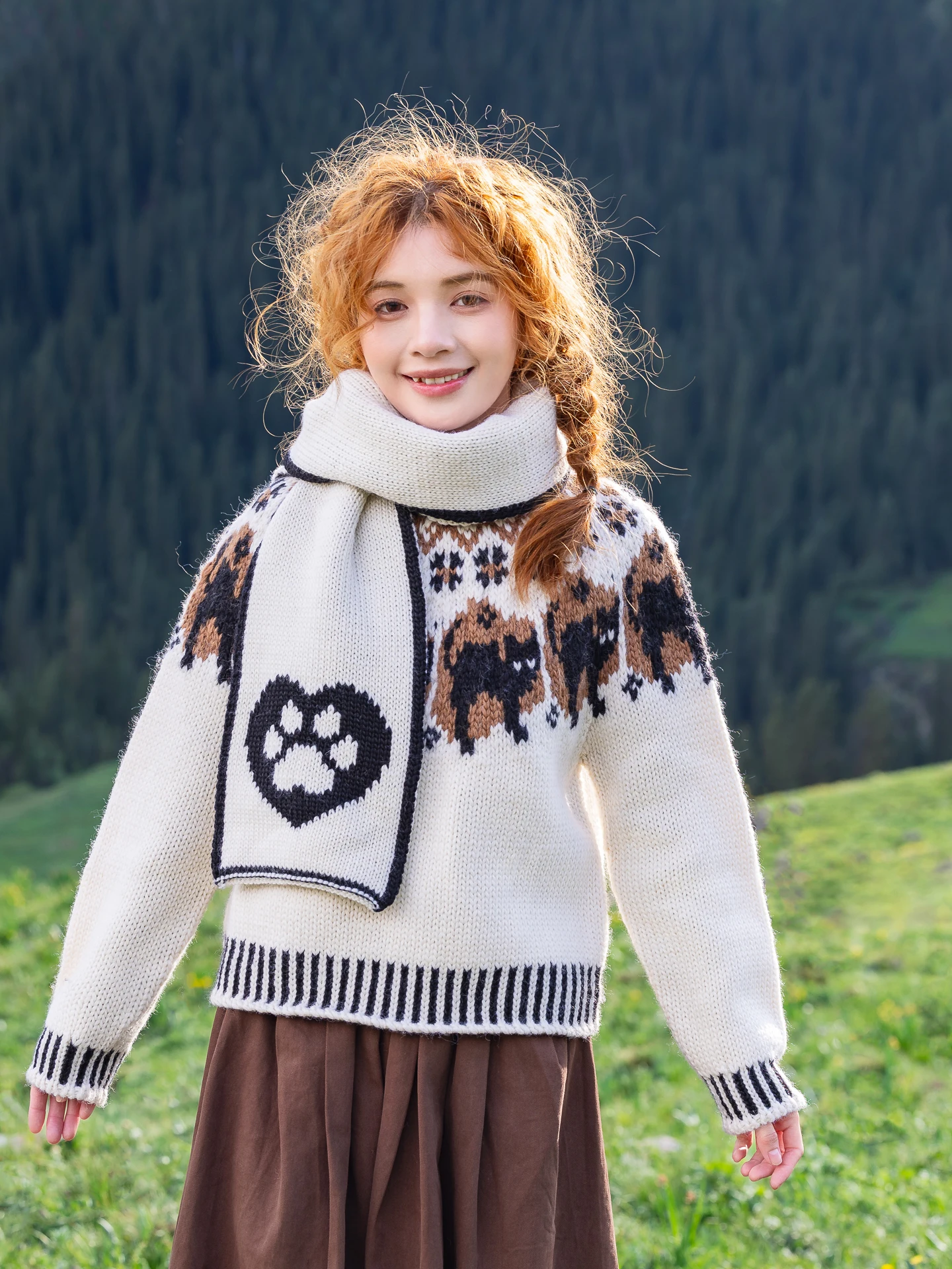 102cm Bust Fall Winter Pullovers Sweaters Women Vintage Fair Isle Nordic Pure Handmade Knitted Little Kitty 100% Wool Sweaters