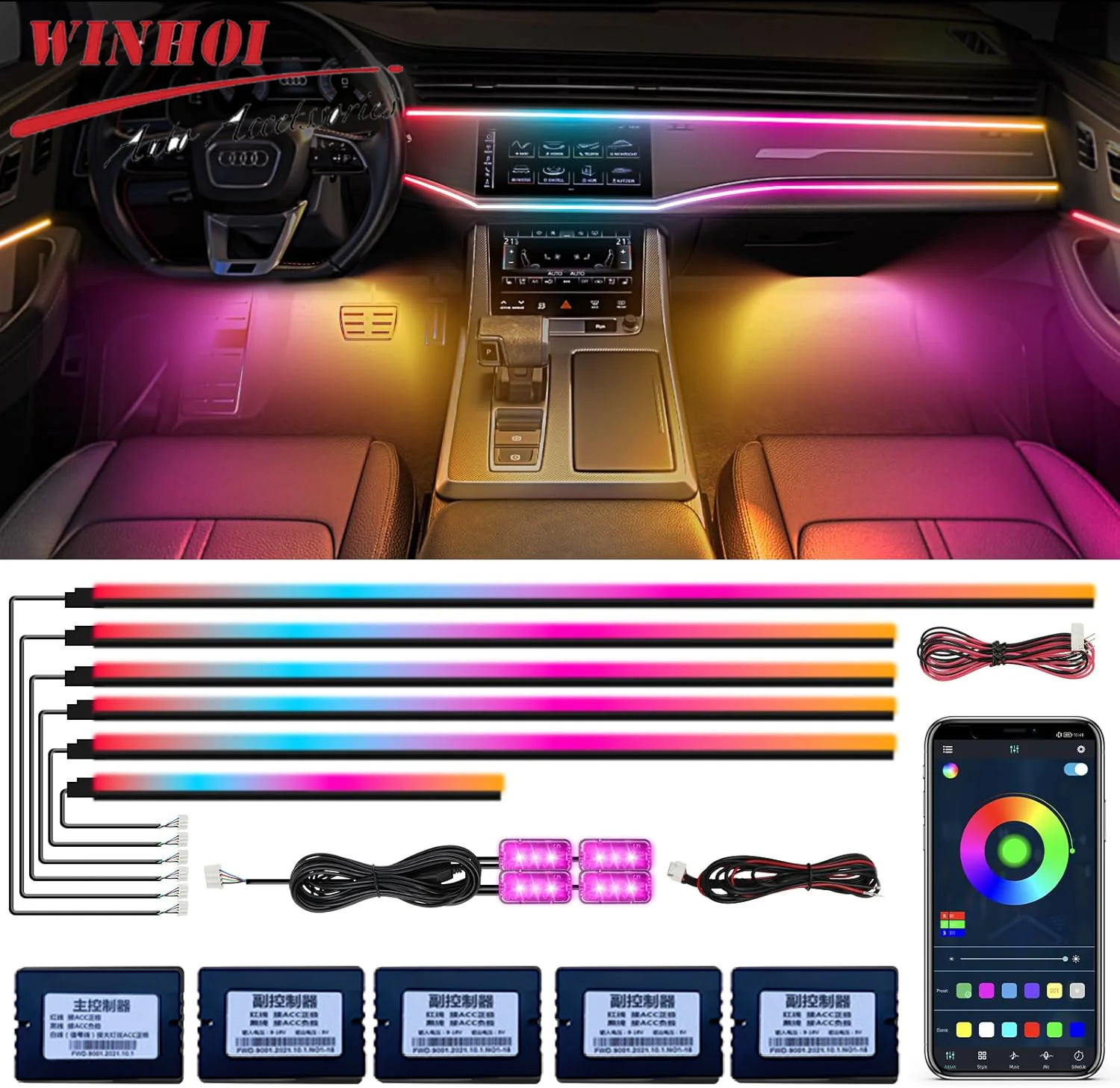 

Acrylic Neon Car Led Interior Light Strip Dashboard Foot Backlight RGB LED Ambient Lights Auto Environment Lamp APP Music Sync