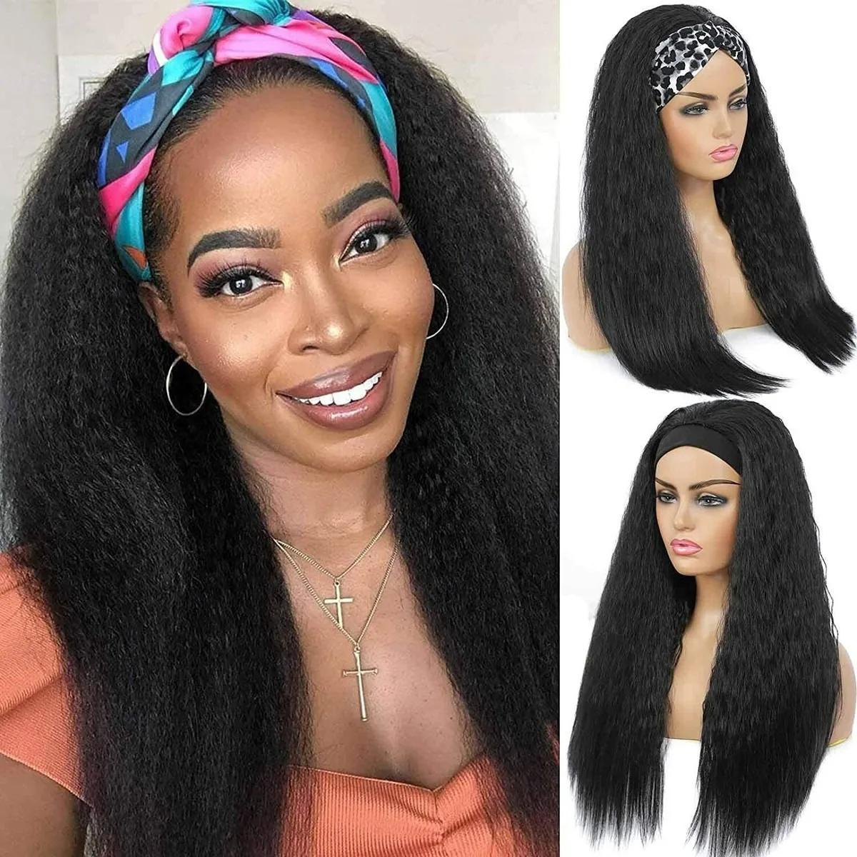 

Натуральный синтетический парик-повязка на голову: прямые волосы Yaki и кудрявые прямые волосы - матовое волокно без искусственного блеска, потостойкая шапочка для комфорта