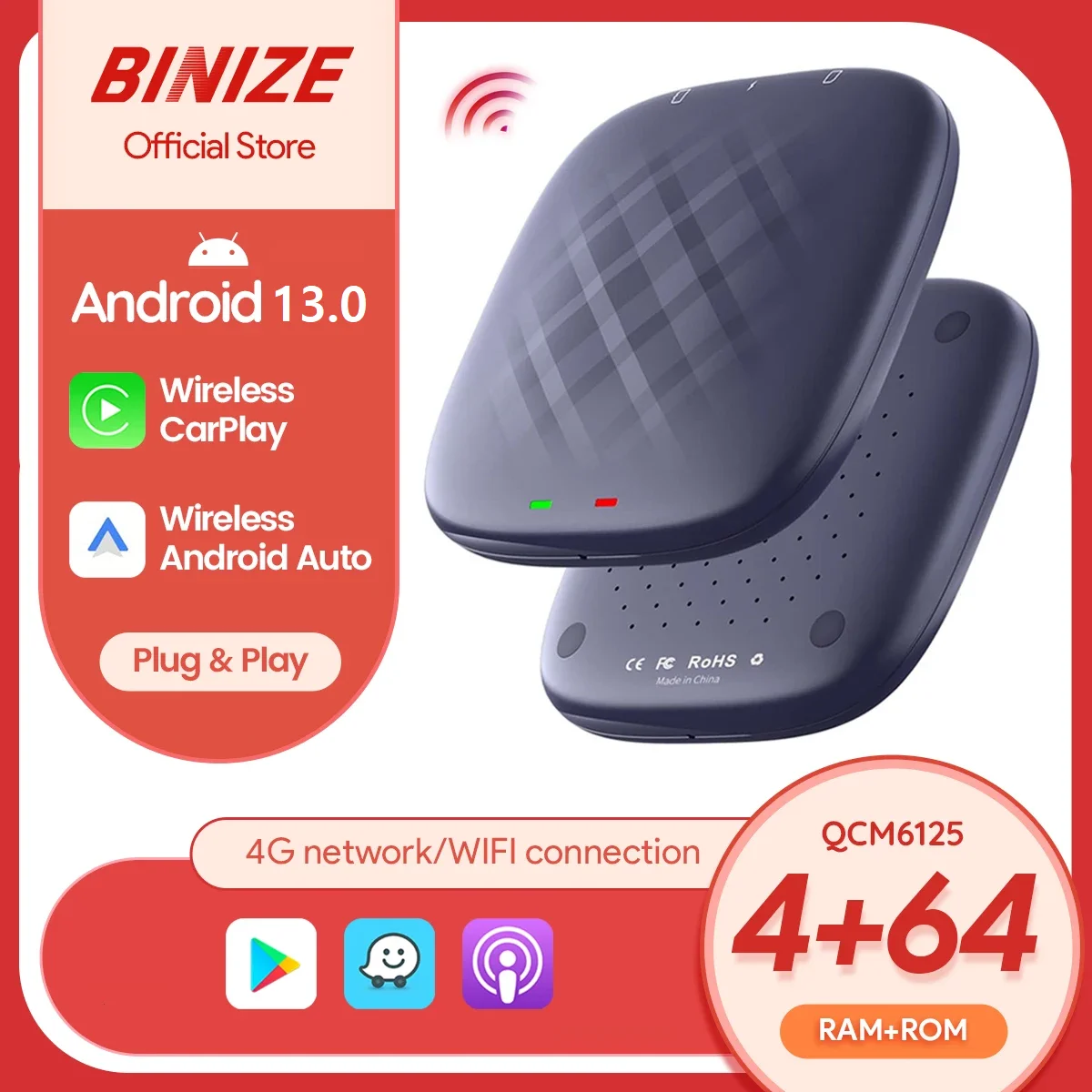 

Binize CarPlay Ai Box Android 13,0 беспроводной Android Авто 4G LTE Plug & Play 4 Гб + 64 ГБ для Audi Mazda Toyota