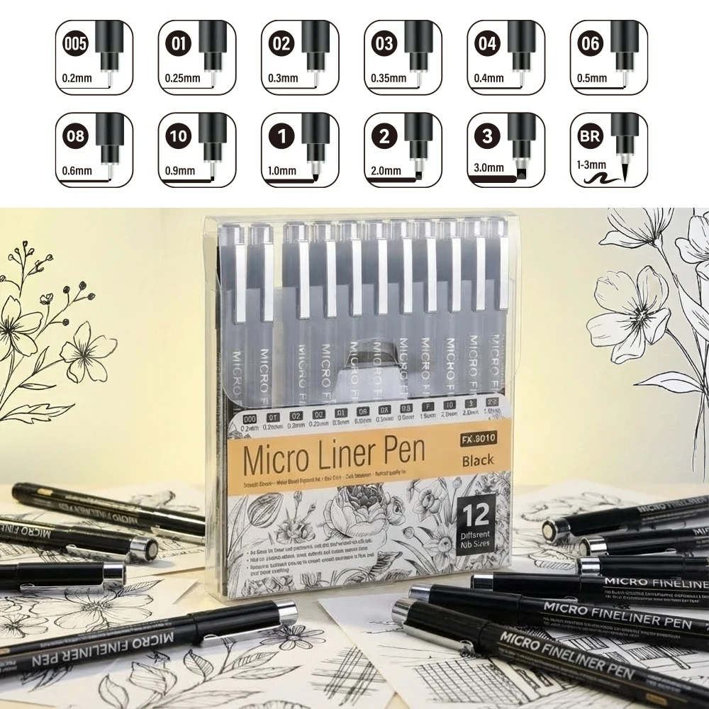 

Набор из 12 микро-ручек-линеров для рисования, черные чернила, тонкий наконечник для иллюстраций и технического эскизирования