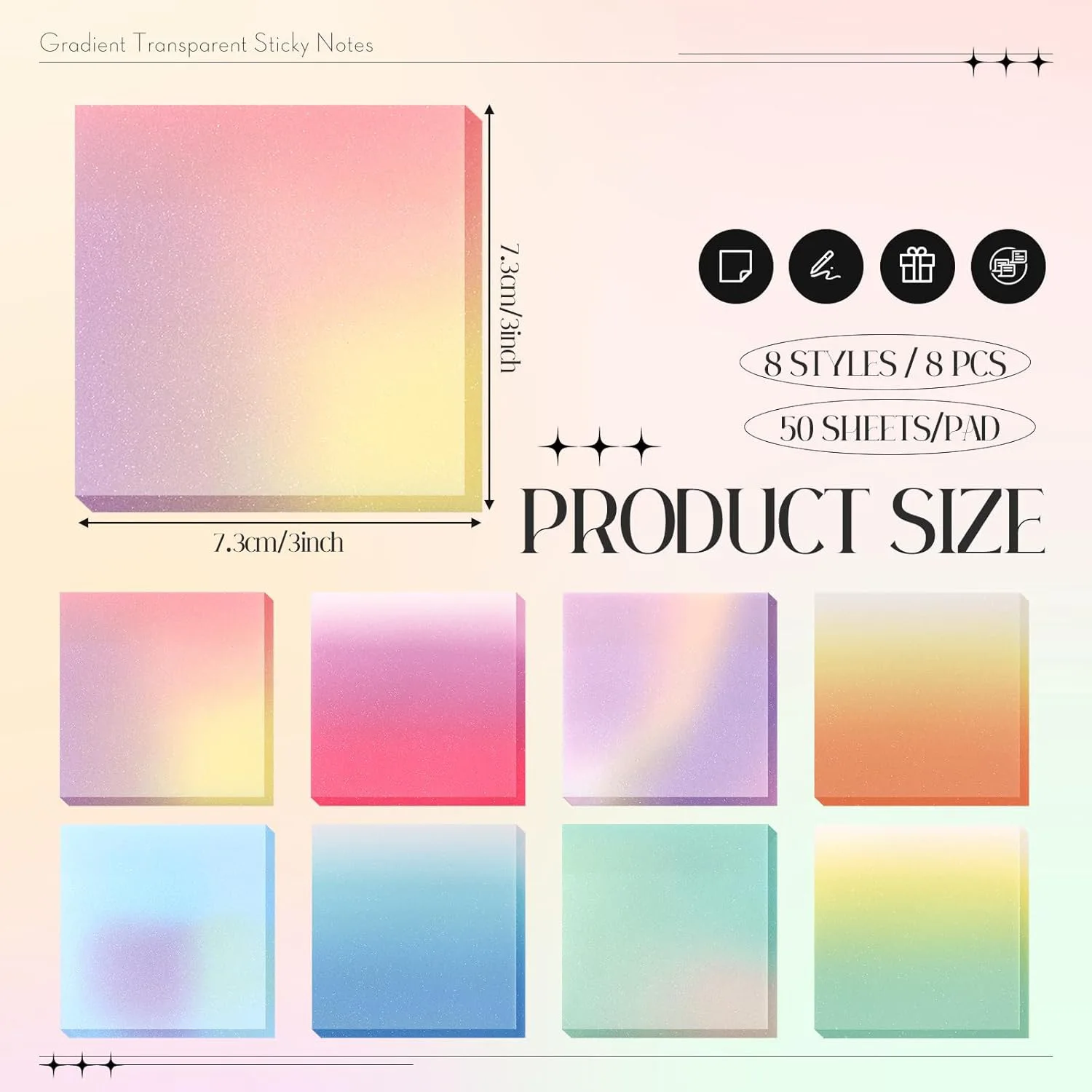 Back‑to‑School Must‑have Gradient PET Sticky Notes Semi‑Transparent Glitter Self‑Adhesive Memo Pads Student Office Stationery