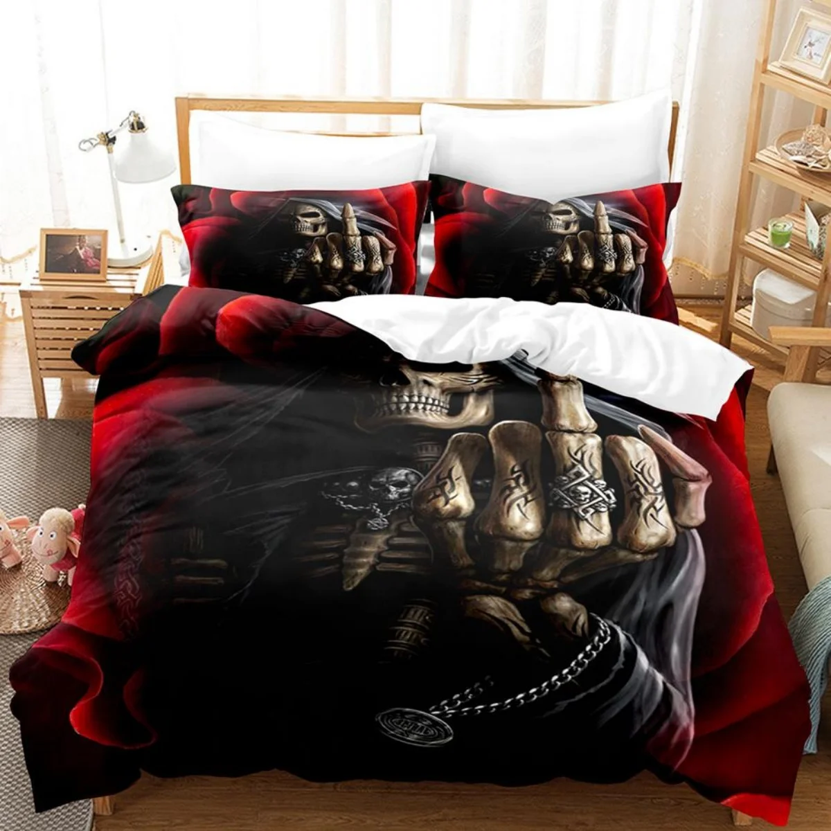 꽃무늬 해골 이불 커버, 채우지 않는 블랙 해골 침구 세트, 앤티크 빅토리아 바로크 해골 이불 커버, 고딕 빈티지