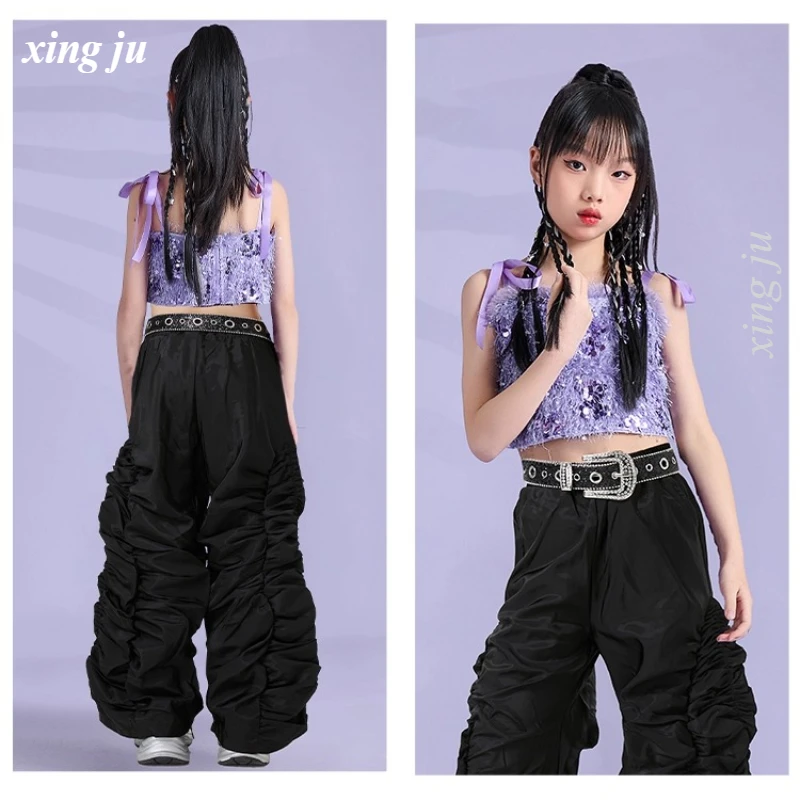Girls Jazz Dance Outfit Sweet Purple Sling Tops Black Pants Hip Hop Costume Kids Street Performance Clothes Childrens Stage Wear