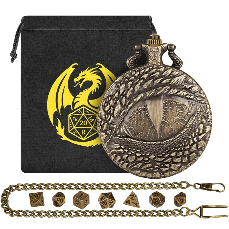 

Retro Dragon's Eyes Pocket Watch Shell Case Pendant Chain with 7pcs Polyhedral Mini Size Metal Dice Set RPG Gaming Storage Bag