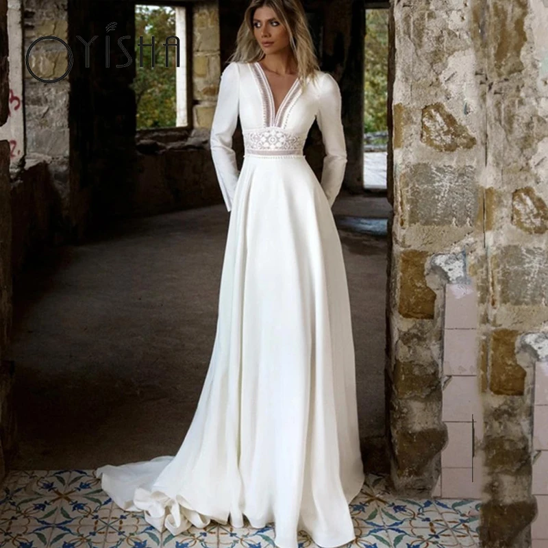 OYISHA abiti da sposa in raso semplice scollo a v profondo maniche lunghe abiti da sposa per le donne 2023 Appliques di pizzo a-line vestidos de noiva Abiti da sposa semplici in raso con scollo a V profondo e maniche l