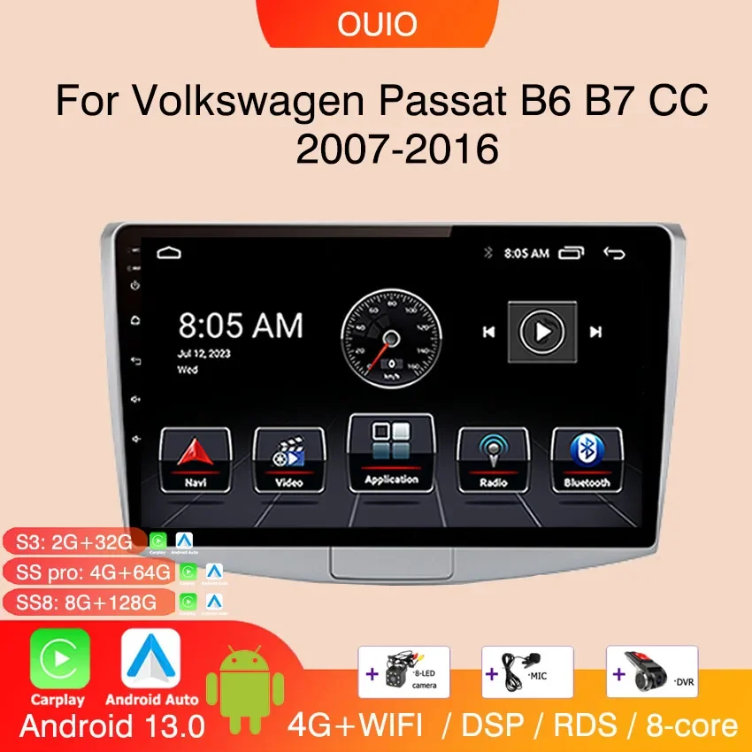 

Автомагнитола 2DIN на Android 13 для Volkswagen VW Passat B6 B7 CC 2007 2008-2016, автомобильный стерео Мультимедийный Плеер для Carplay, Автомобильная GPS-навигация