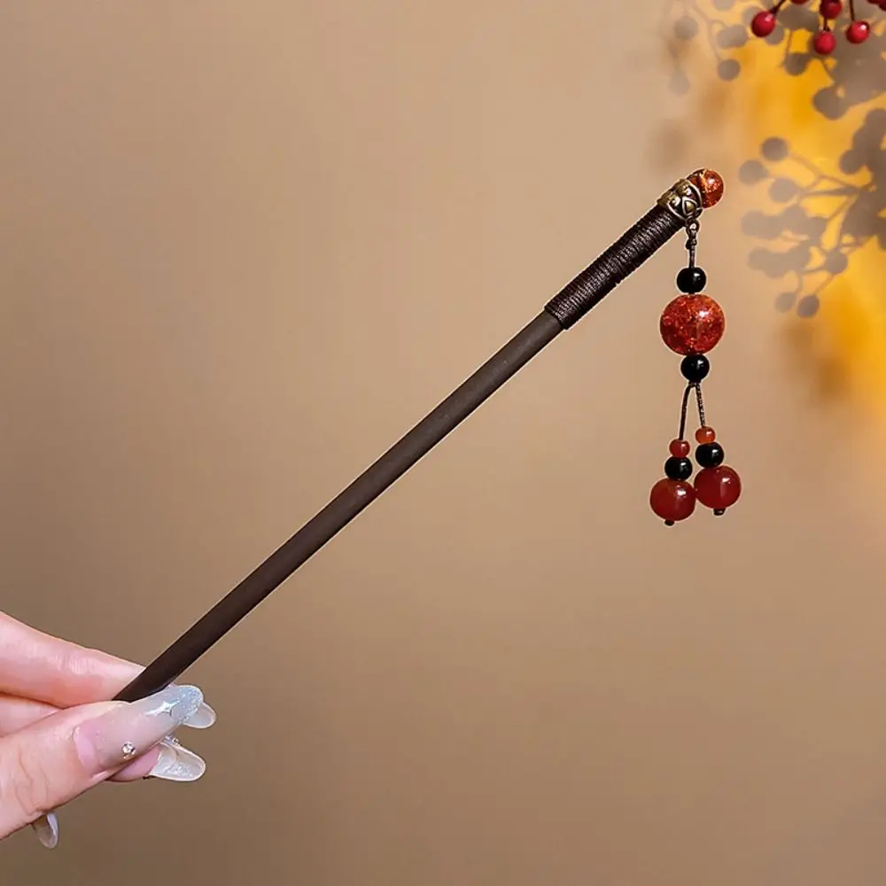 

Classical Flower Wooden Hair Stick Red New Year Hanfu Hairpin Tassel Chinese Style Cheongsam Accessories