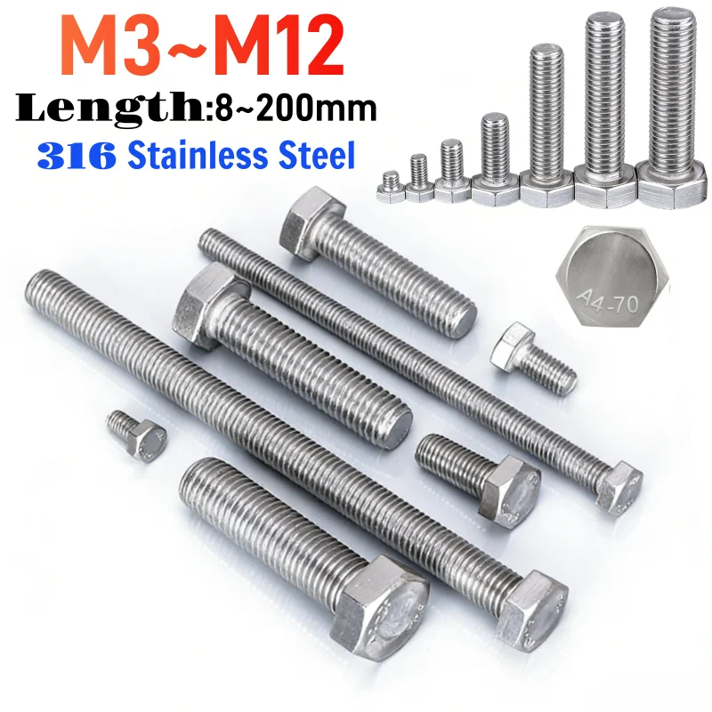 Beicai External Hex Hexagon Screws SUS316 Stainless Steel Full Thread Outer Hex Bolt Screw M3 M4 M5 M6 M8 M10 M12 DIN933