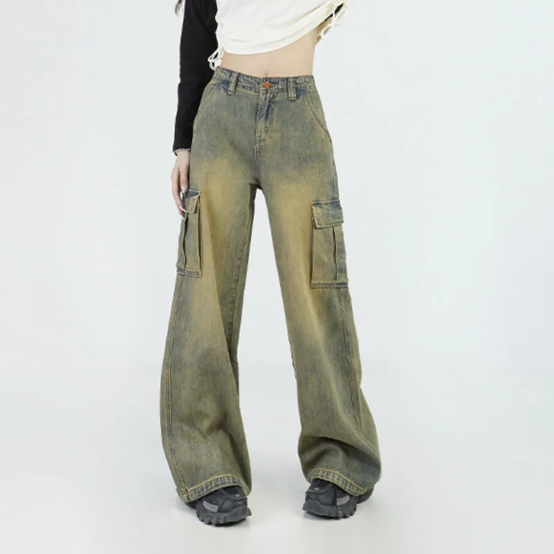 

Fashion High Waist Loose Wide Leg Jeans Streetwear Pockets Y2k Cargo Pants Women Harajuku Denim Trousers