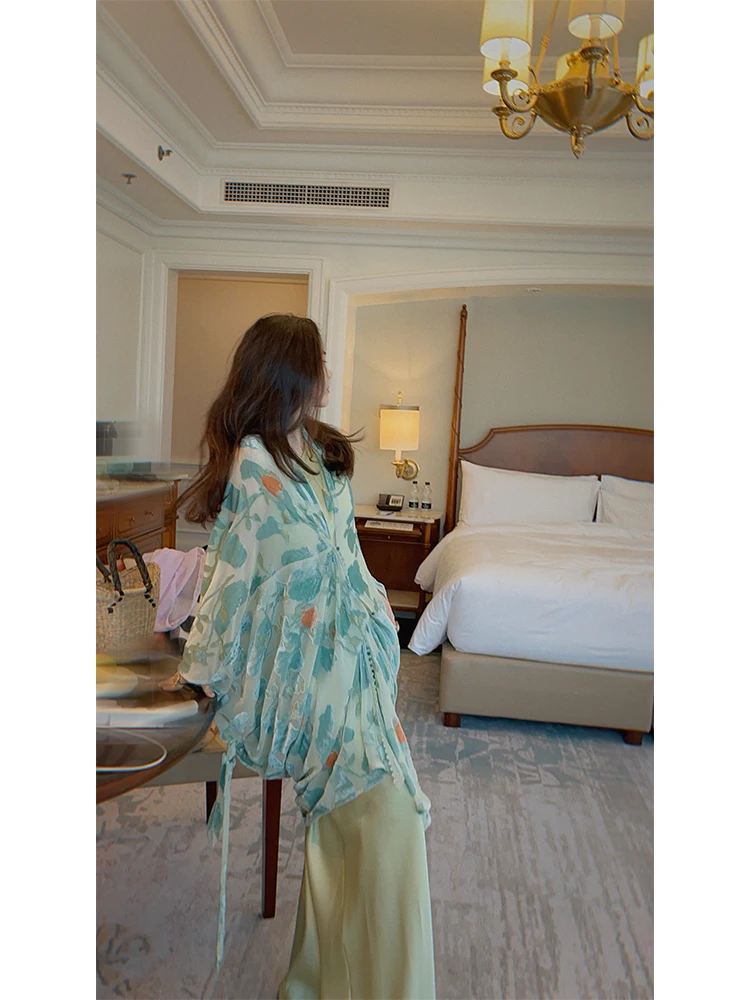 

Женская свободная блузка Changjia Spring Summer с длинным рукавом, асимметричным дизайном, поясом и вельветовой отделкой в национальном стиле