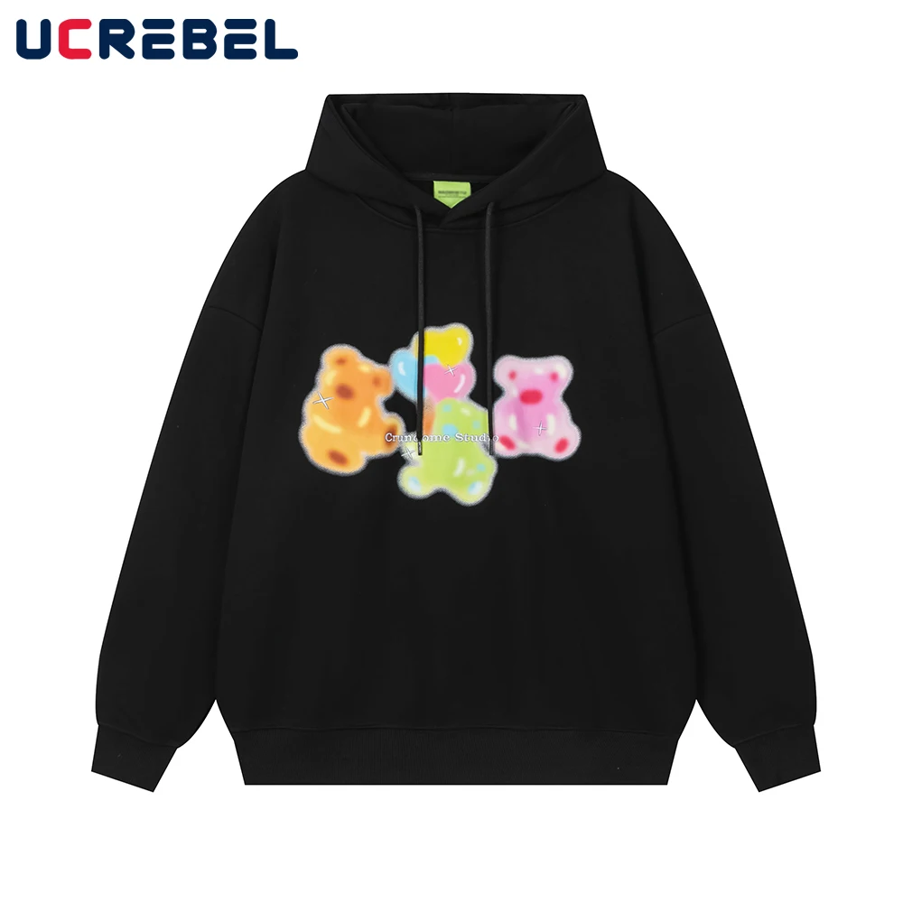 Little Bear Print Hoodies Mens Letter Embroidery Autumn Winter Fleece High Street Loose Long Sleeve Hooded Sweatshirts Men