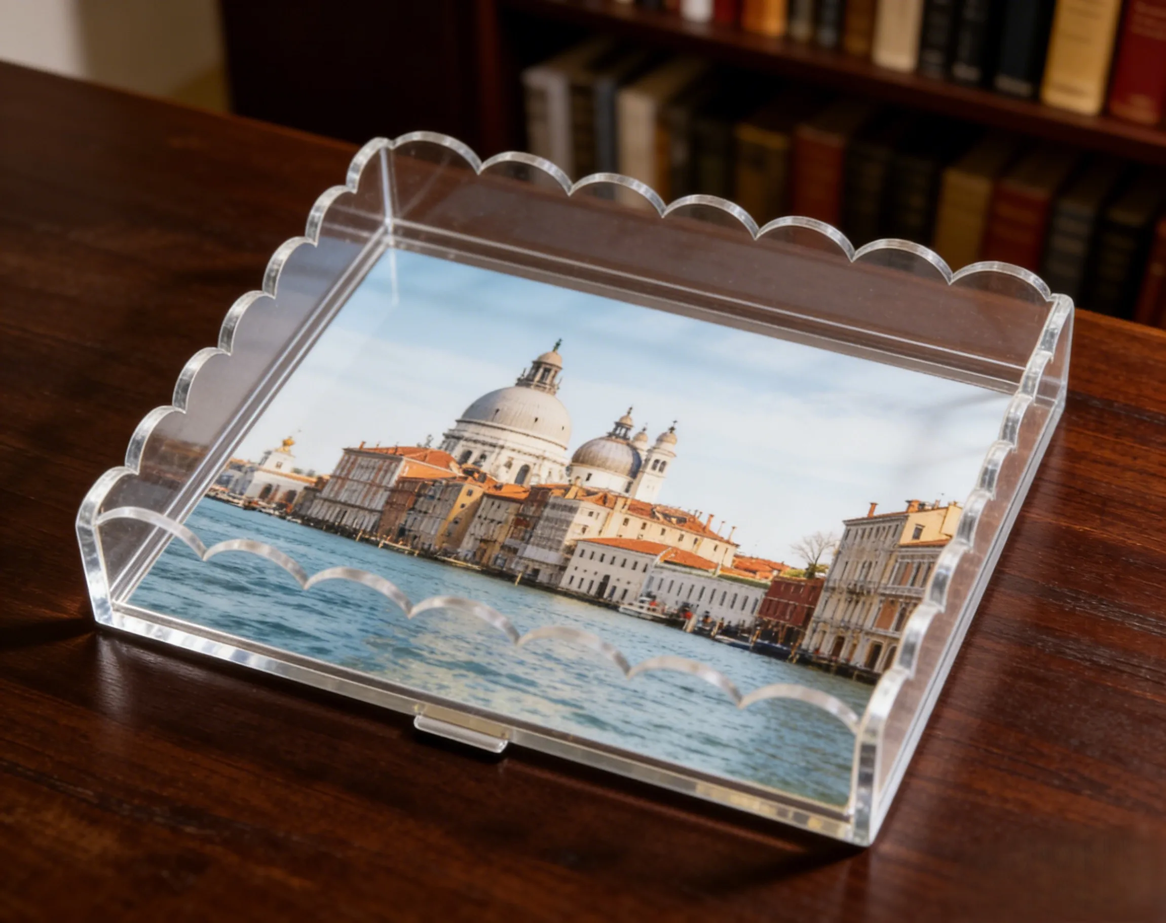 Wave Style Acrylic Tray with Elegant Scalloped Border and Convenient Slide Out Compartment for Jewelry Storage 5x5x2in