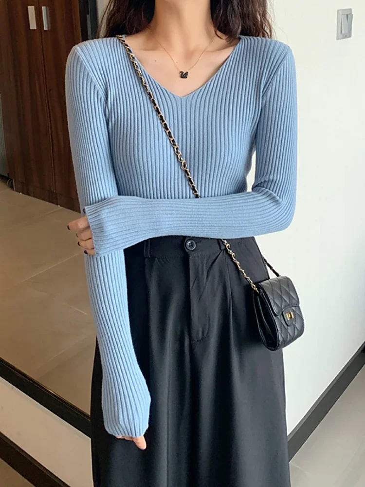 2025 Basic V-neck Solid Autumn Winter Pullover Women Female Knitted Ribbed Sweater Slim Long Sleeve Badycon High Quality Sweater
