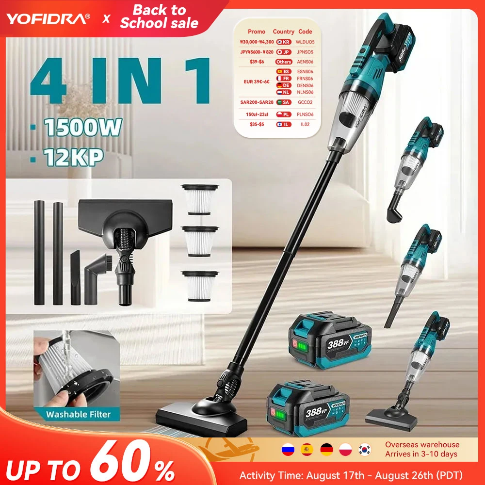 YOFIDRA 1500W 12KPA Elektrische Cordless Staubsauger Tragbare 2IN1 Haushalt Auto Reinigung Power Tool Für Makita 18V Batterie pin