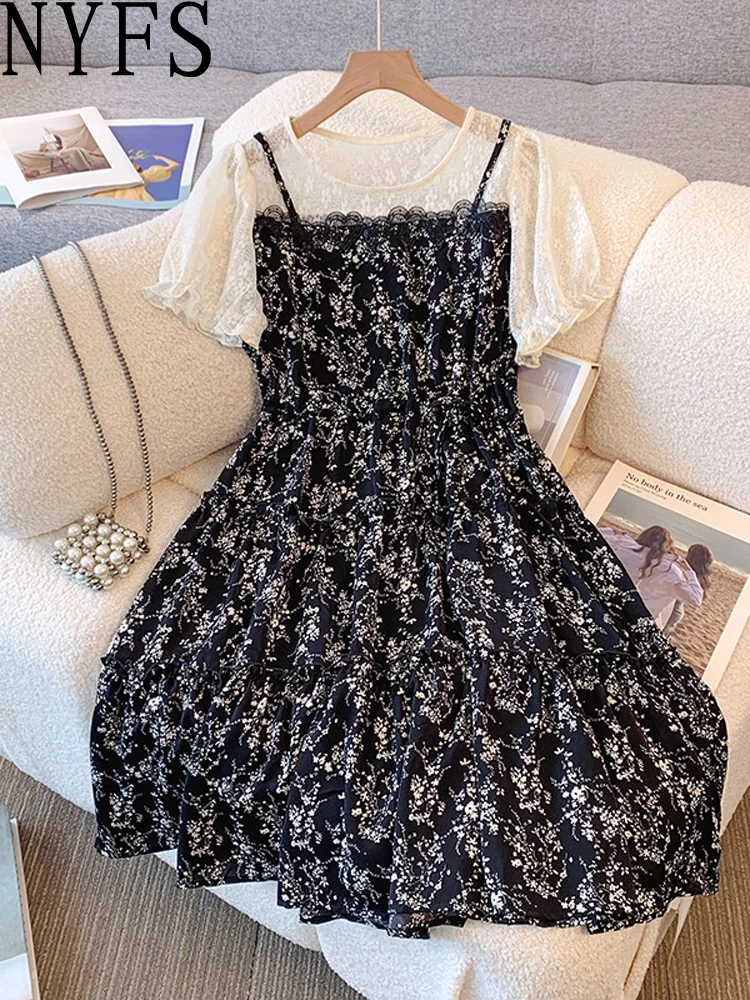 NYFS 2025 الصيف الكورية نمط فستان طويل فضفاض للنساء حجم كبير الدانتيل المرقعة الأزهار قصيرة الأكمام فستان امرأة رداء Elbise