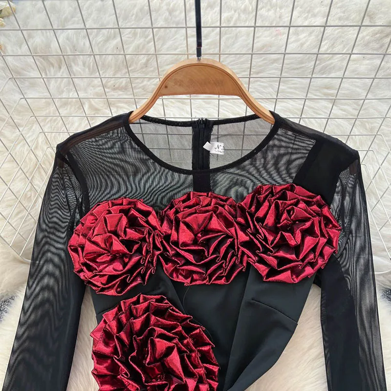 Women 3D Floral Dress Luxury Long Sleeve Zipper Design Splice Slim American Fashion Split Mesh Sheer Sexy Party Dress