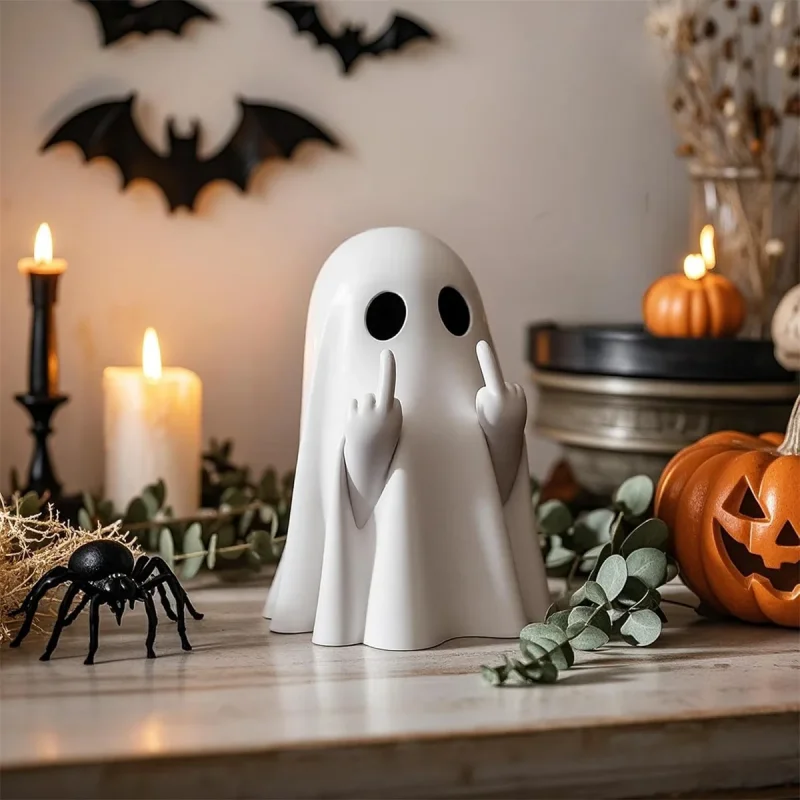 Halloween Ghost Figurine-Middle Finger Spooky & Cute Ghost Statue Tabletop Decoration Funny Ghost Halloween Decor Indoor