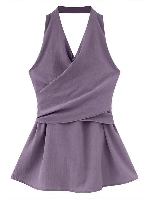 

Purple Asymmetrical Strapless Vest Women's Summer Outerwear Waist-Cinching Neck Hanging Backless Sleeveless Top Chiffon