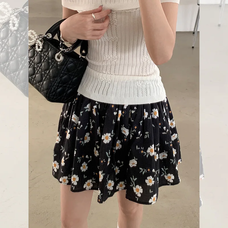 Vintage Style Floral Print 2026 Summer New Hot Selling High Waisted A-line Elastic Waisted Chiffon Skirt