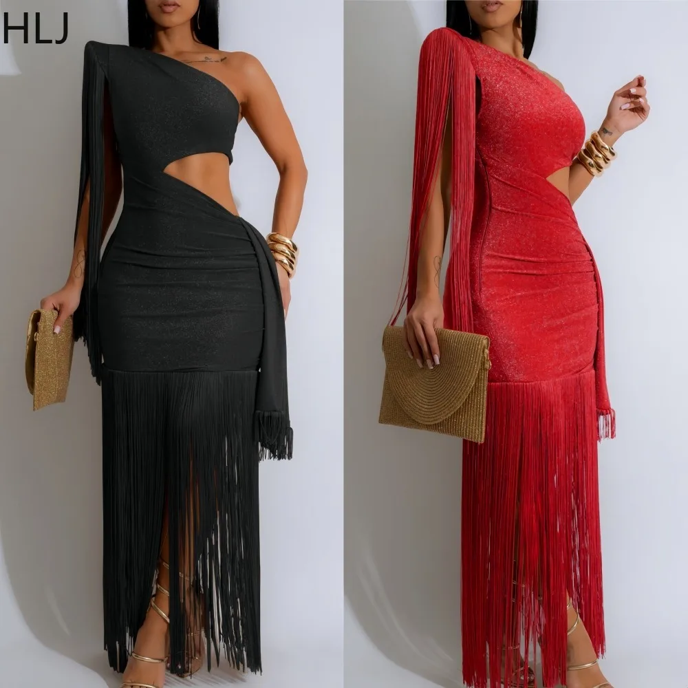 

HLJ Elegant Tassel Patchwork Bodycon Long Dress Women Off Showlder Long Sleeves Hollow Out Dress Female Night Party Vestidos New