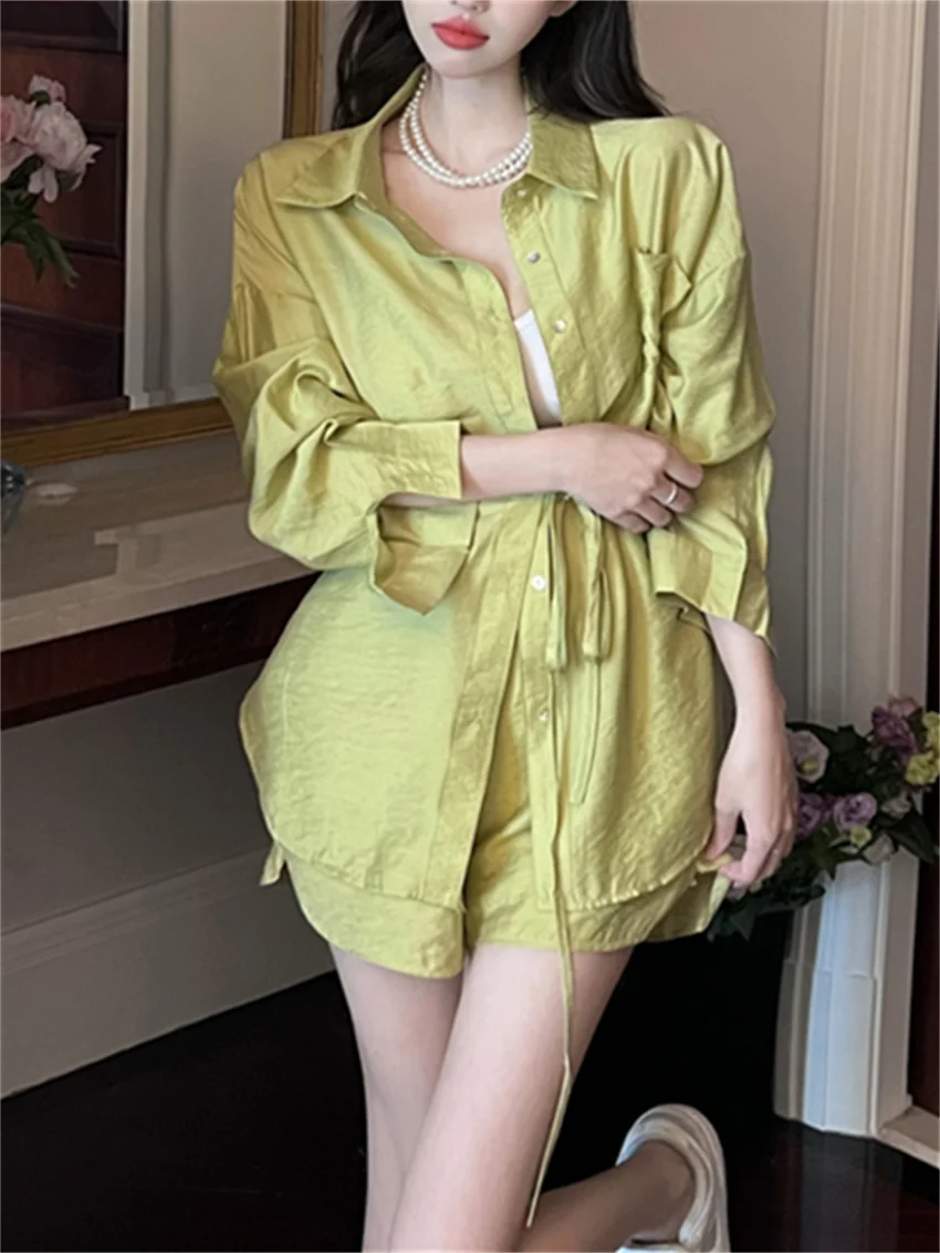 PLAMTEE Autumn Sunscreen Work Wear Women Two Pieces Suits Solid Elegant Shirts 2023 Wide Leg Full Sleeve Slim Casual Shorts Sets