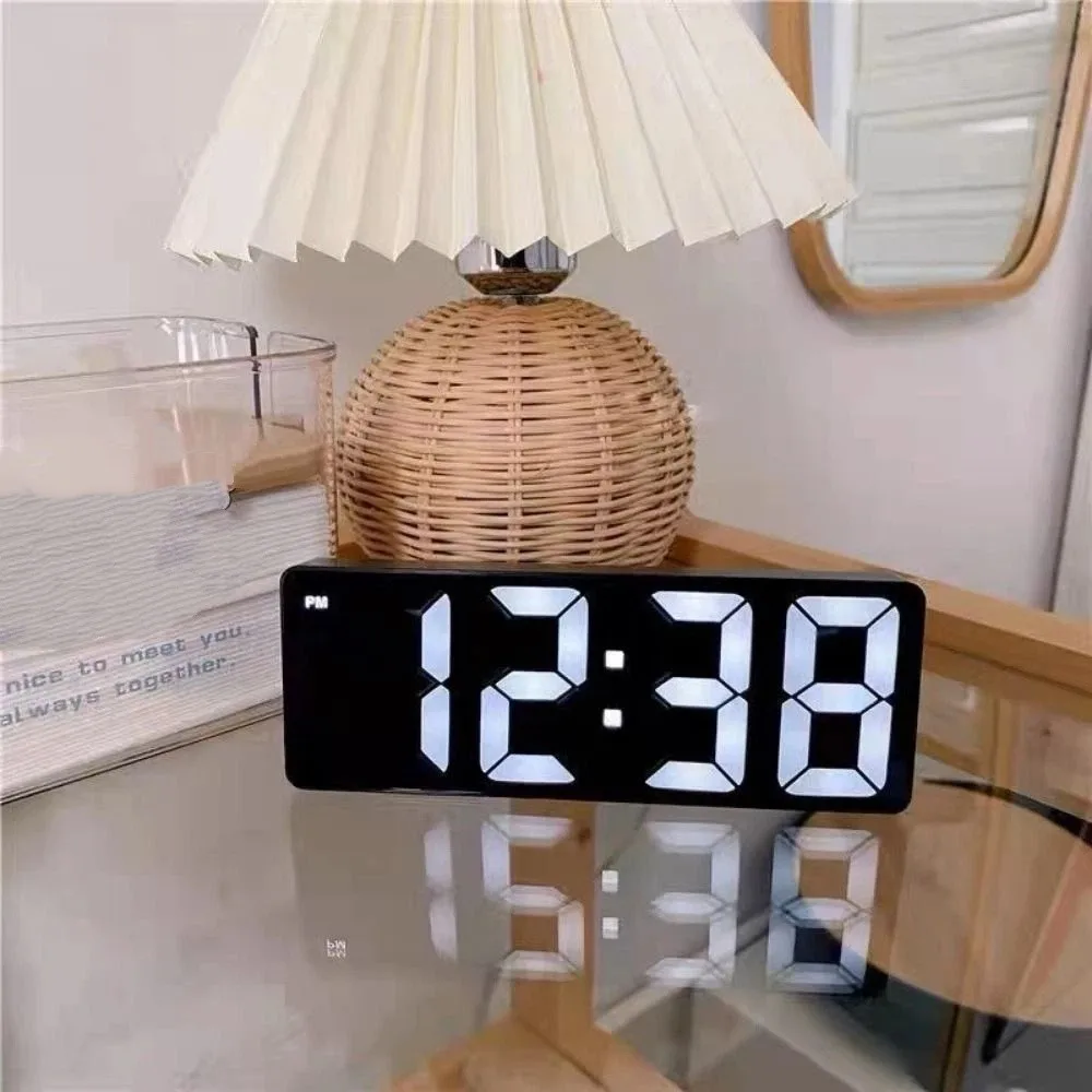 Mirror Display LED Mirror Clock Sound Control Large Number LED Digital Alarm Clock Adjustable Brightness USB/Battery Powered
