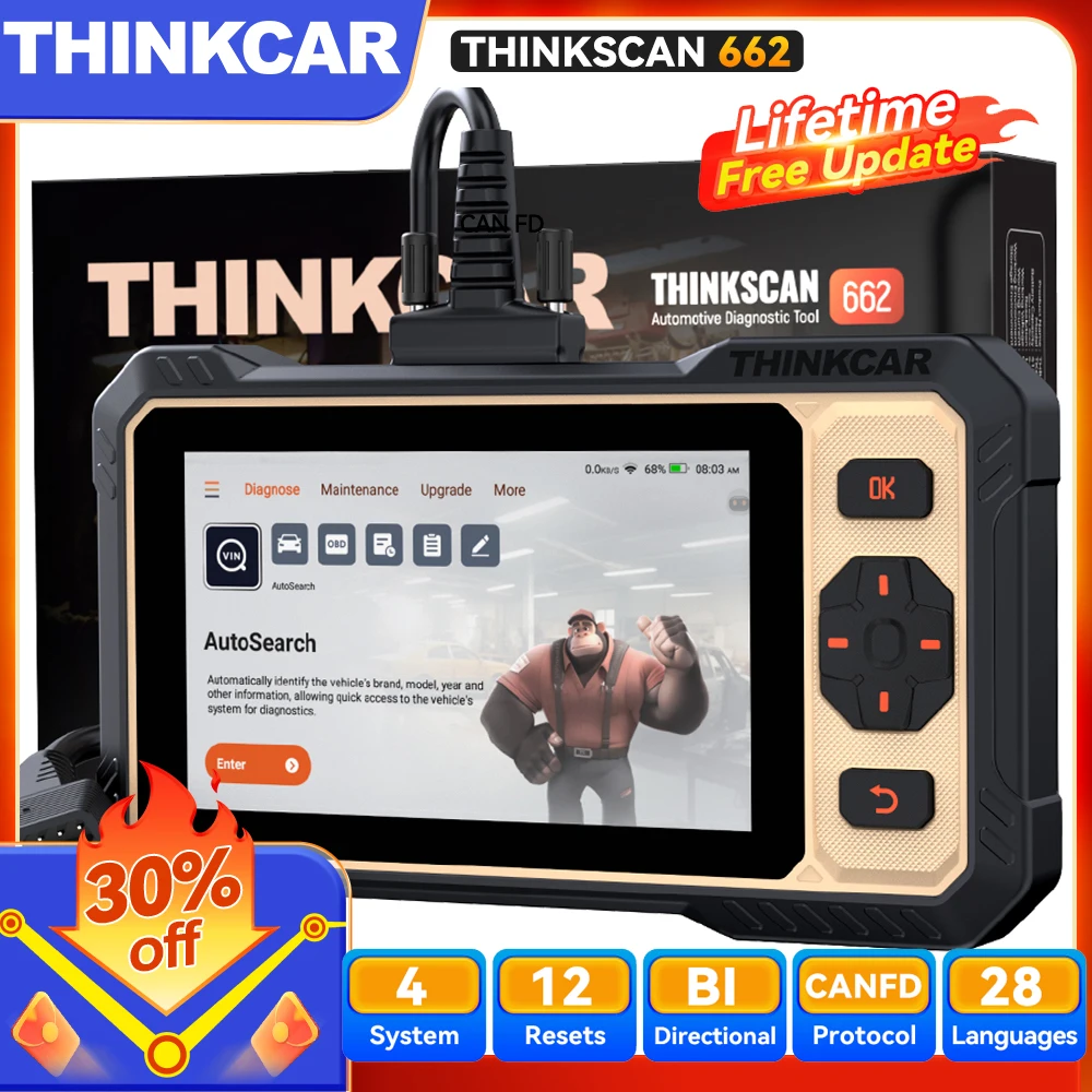 

THINKCAR THINKSCAN 662 CAN FD OBD2 диагностический инструмент ECM/передача/ABS/SRS диагностический сканер 12, срок службы, бесплатное обновление