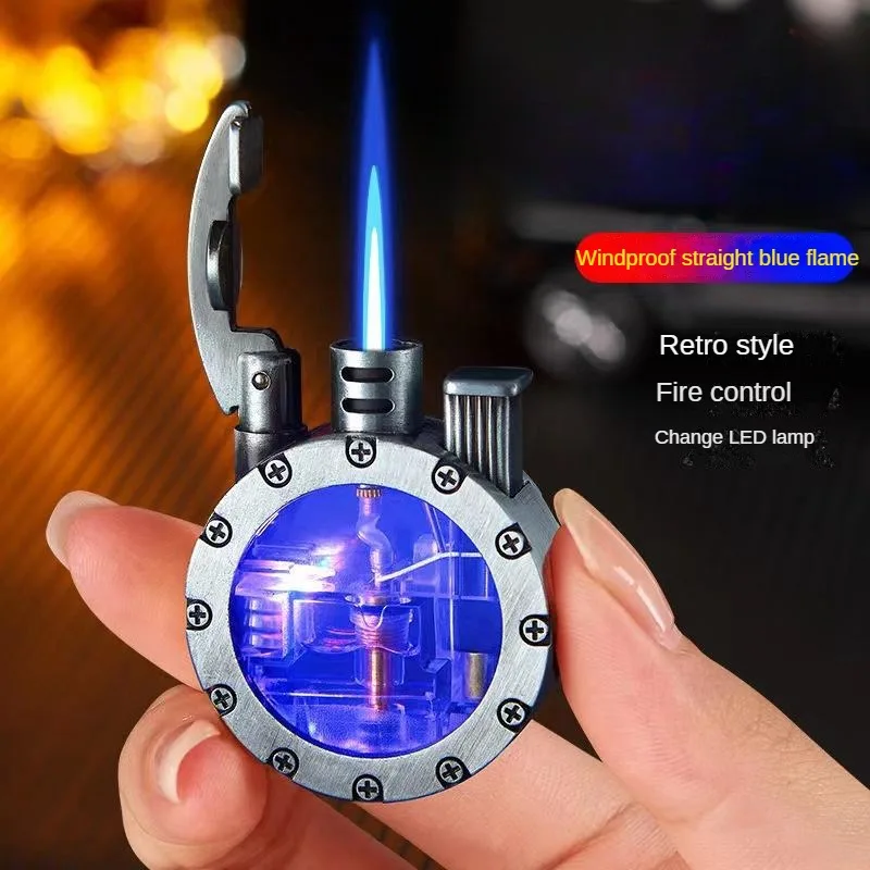 Retro Metal Windproof Blue Flame with LED Light-Emitting Inflatable Lighter Outdoor Portable Gas Lighter Cigarette Accessories