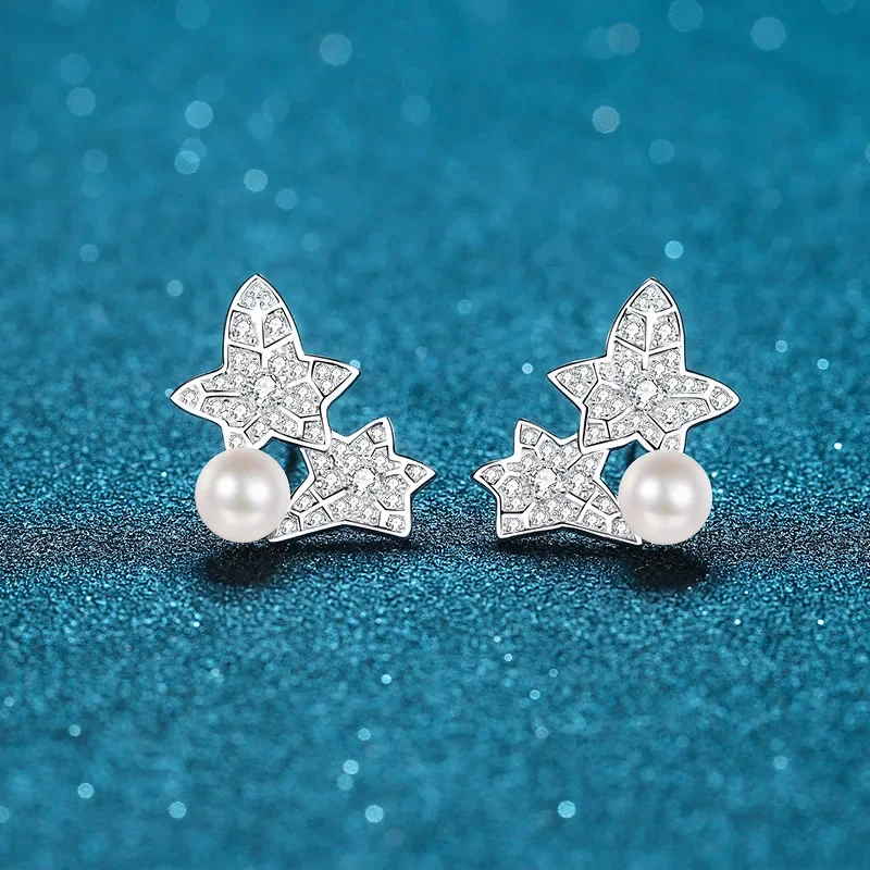 

S925 Sterling Silver Flawless Freshwater Beads 7mm Pearl Blossom Moissanite Earrings for Women