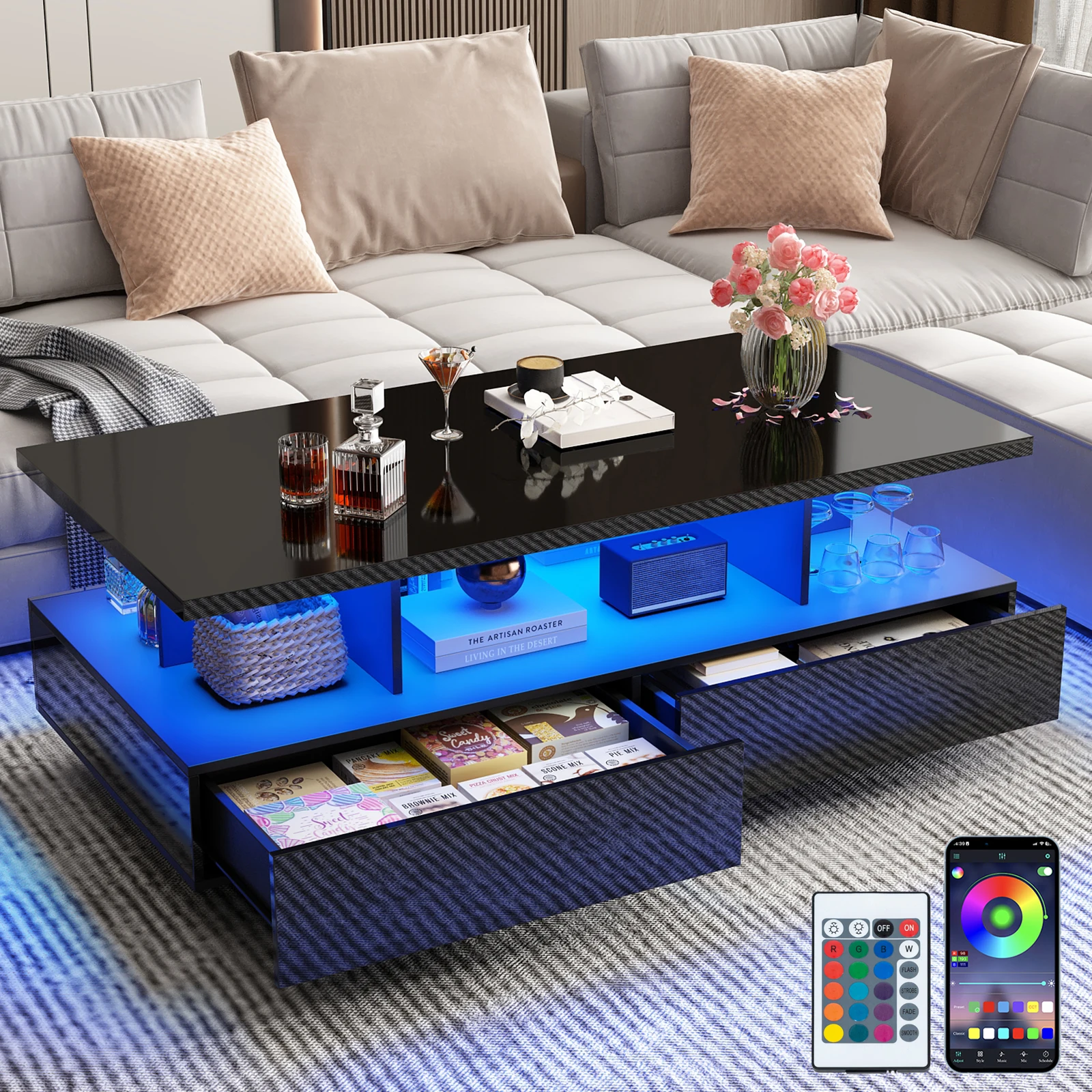 Mesa de centro LED con 2 cajones de almacenamiento, mesa de centro de alto brillo con estante de exhibición, mesa de centro rectangular moderna de 2 niveles, Blanco/negro