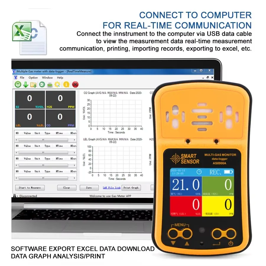 As8900a 4 en 1, pantalla LCD a Color de 2,0 pulgadas, Detector de alarma de Gas, sulfuro de hidrógeno, Gas Combustible