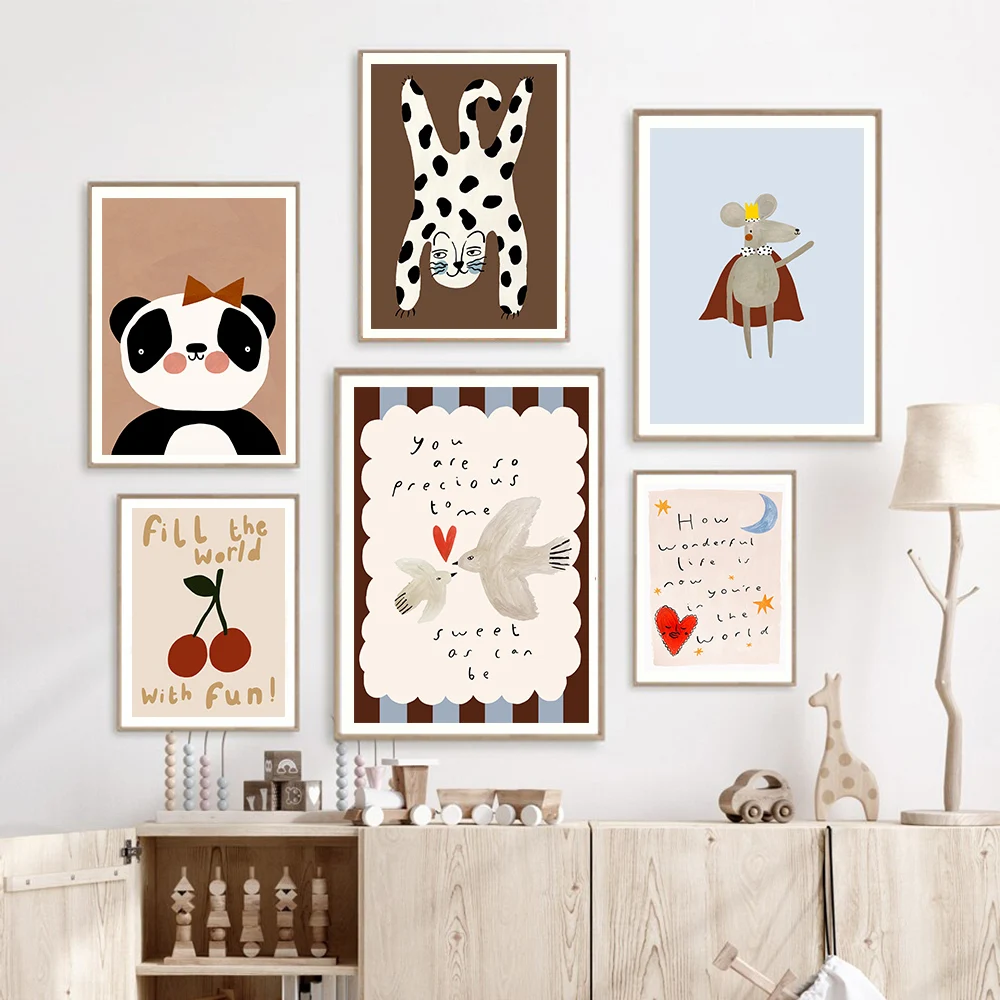 Cartoon Mouse Cheetah Panda Bird Wall Art Canvas Painting Nordic Posters And Prints Flowers Quotes Pictures for Kids Room Decor