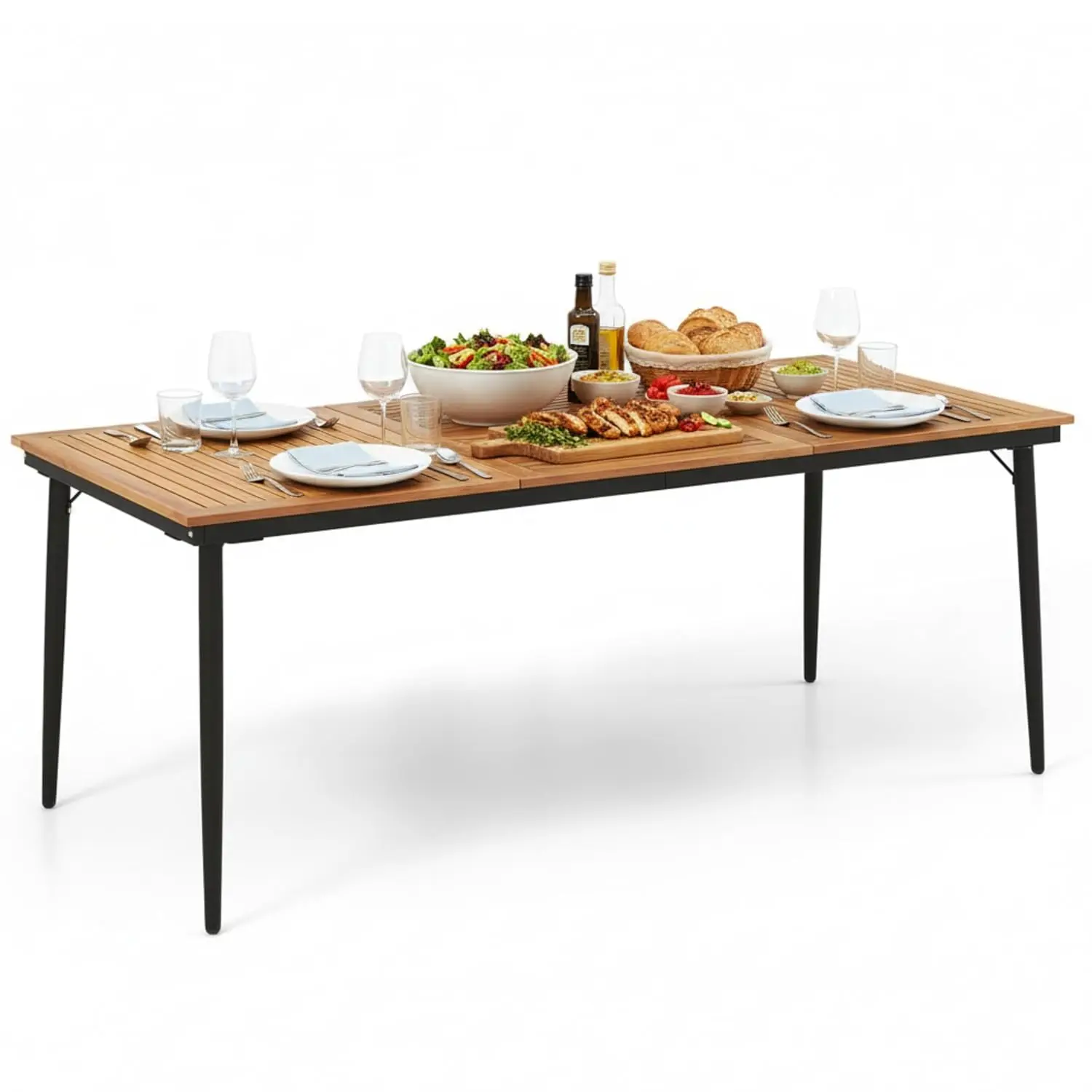 

79" Acacia Wood Outdoor Dining Table for 8, Large Rectangular Patio Table with 1.9" Umbrella Hole, Metal Frame, Customized